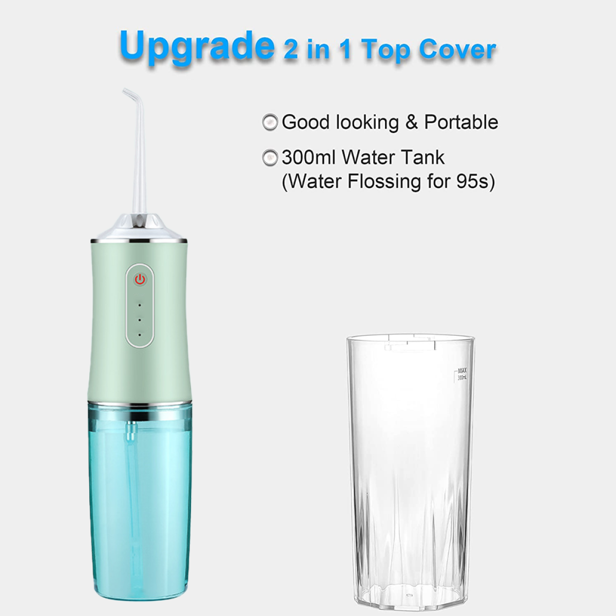 Grüner und blauer Wasser-Flosser und ein klares Glas auf weißem Hintergrund.
