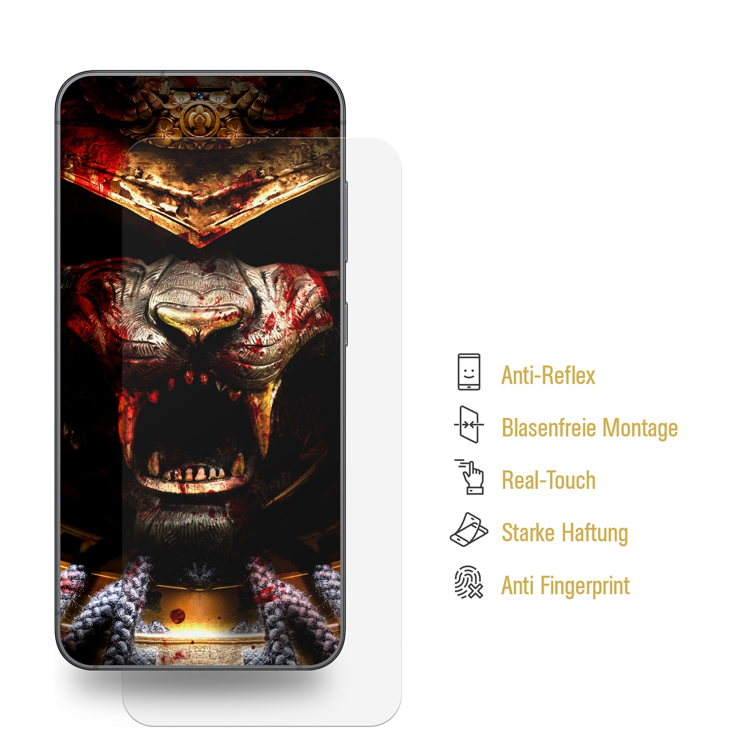 Smartphone mit Schutzfolie. Der Bildschirm zeigt ein Löwenbild und Symbole.
