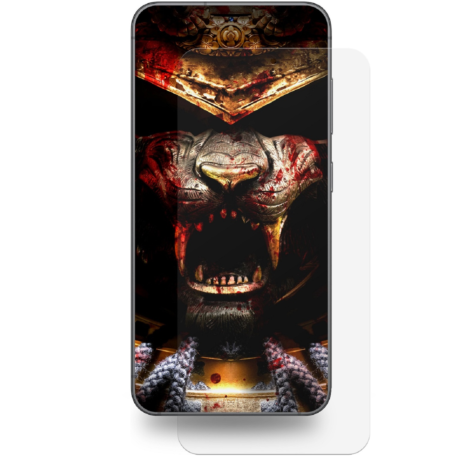 Ein Smartphone mit aufgebrachter Displayschutzfolie. Der Bildschirm zeigt einen Krieger mit Löwengesicht.