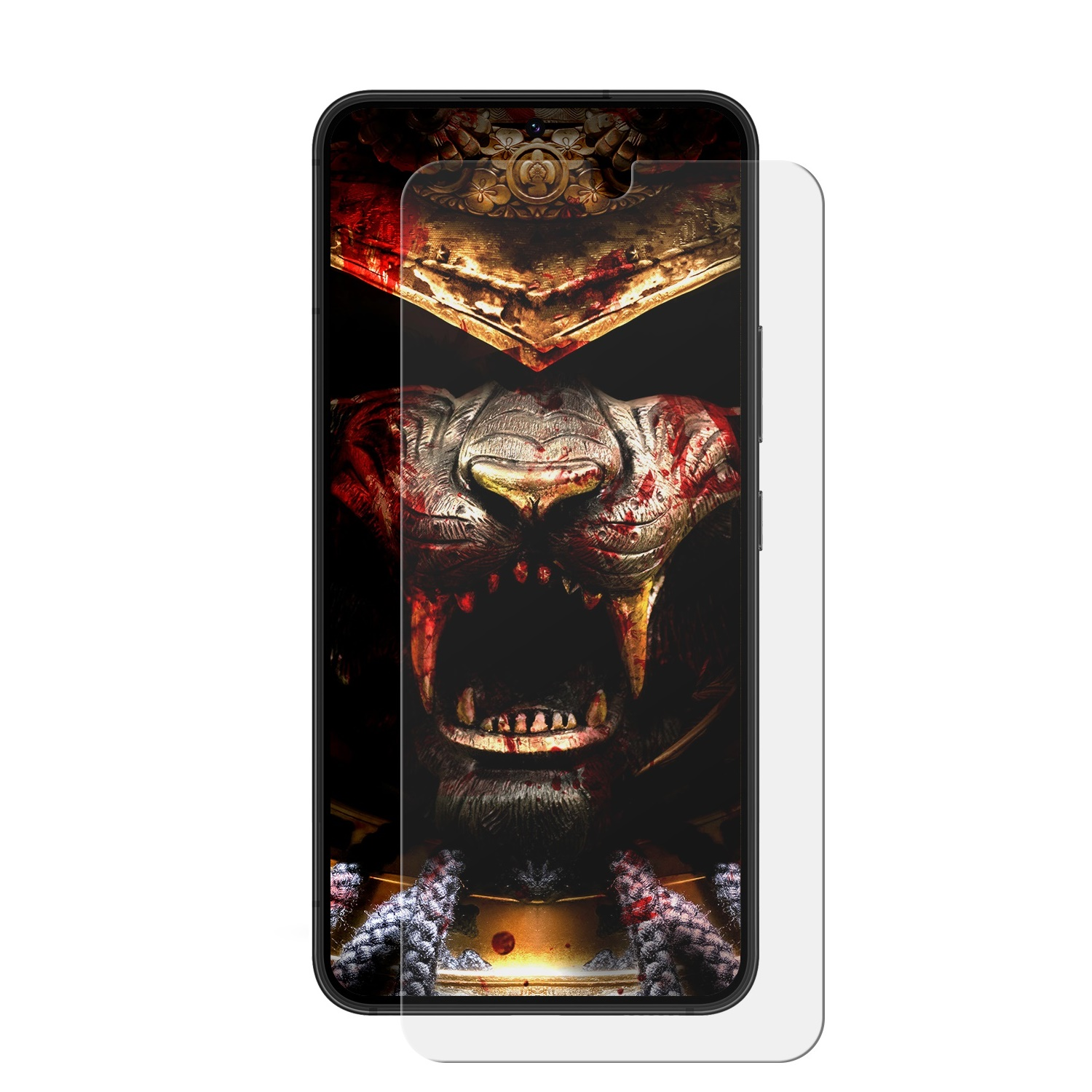 Smartphone mit angebrachtem Displayschutz, zeigt ein blutiges Monsterbild.