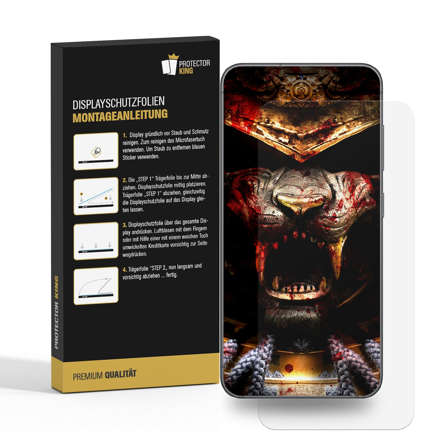 Eine Smartphone-Displayschutzfolienbox und ein Telefon mit einer Grafik einer Fantasiefigur.