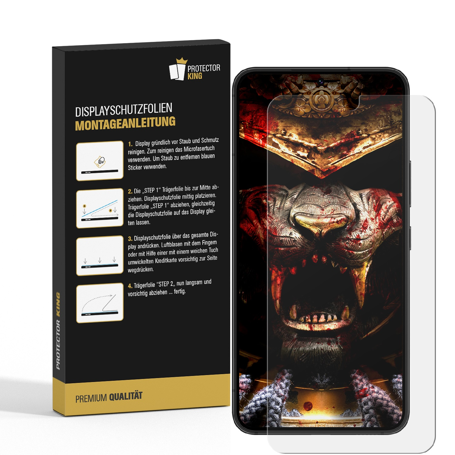 Ein Telefonbildschirm ist durch eine Displayschutzfolie geschützt. Die Box und der Schutz befinden sich auf einer weißen Oberfläche.