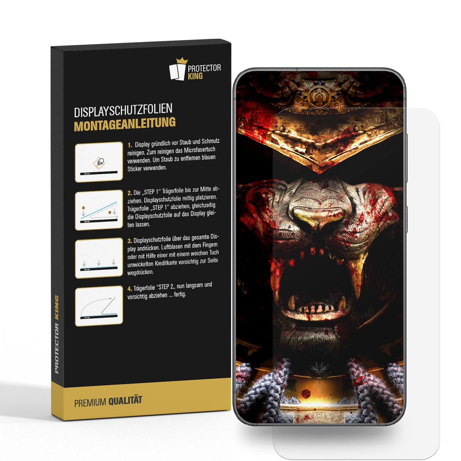 Telefon mit Displayschutzfolie, Bild eines Monsters. Protector King Verpackung mit Anleitung.