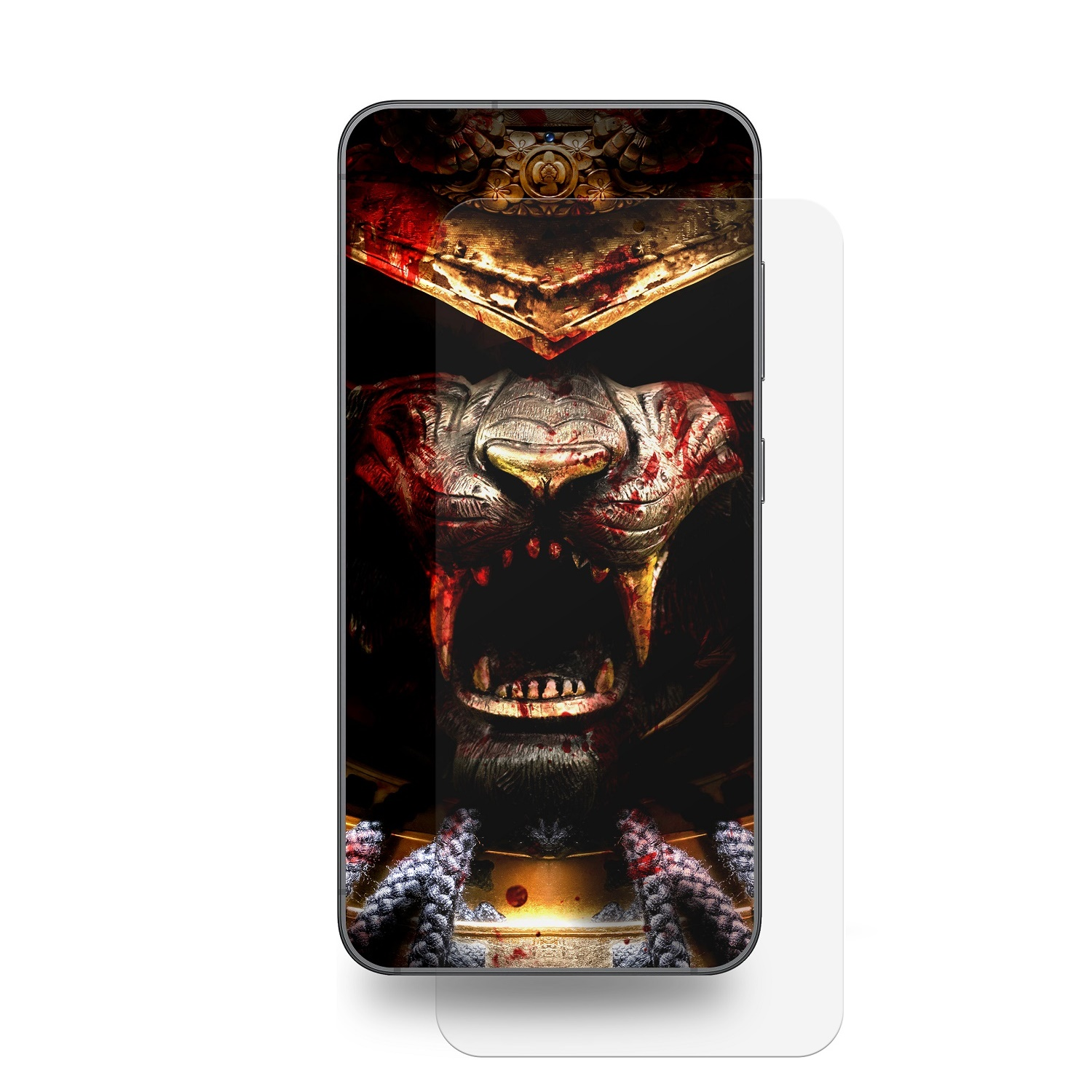 Handy-Displayschutz, ein Handy mit Monstergesicht. Blut und Innereien sind sichtbar.