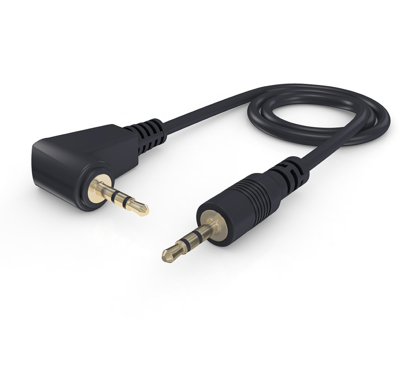 Schwarzes Audiokabel mit rechtwinkligen und geraden 3,5-mm-Klinkensteckern, weißer Hintergrund.