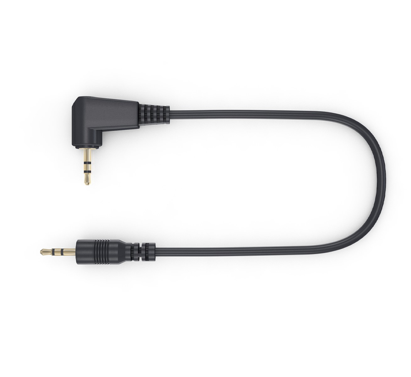 Ein schwarzes Audiokabel mit zwei 3,5-mm-Klinken, verbunden durch ein schwarzes Kabel, auf weißem Hintergrund.