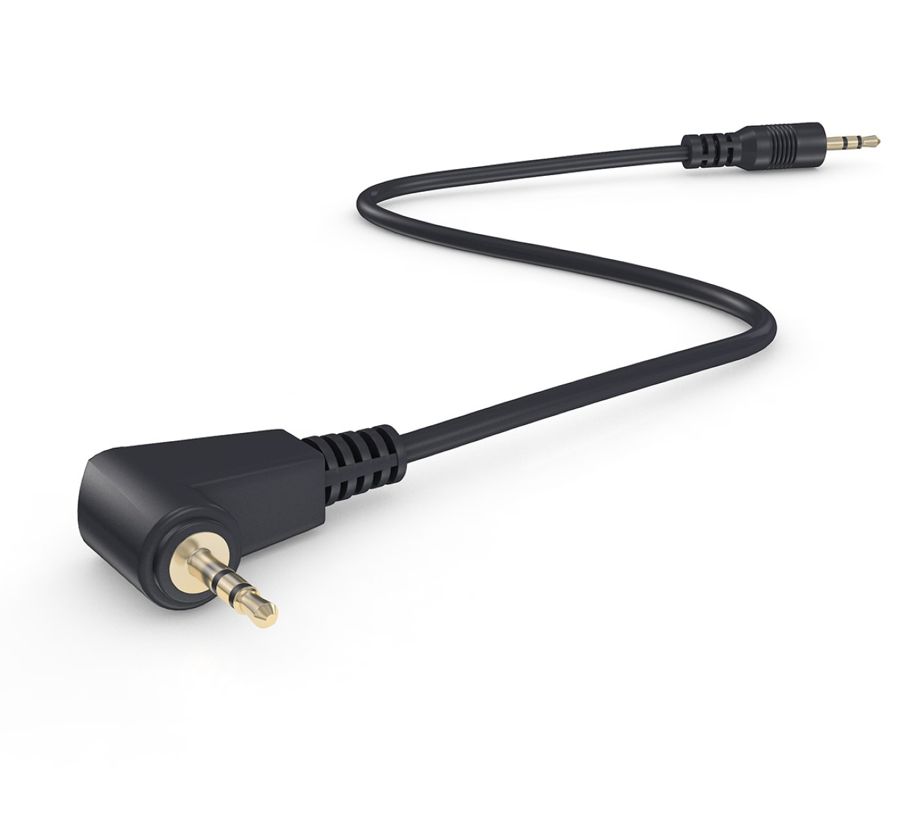 Schwarzes Audiokabel mit einem rechtwinkligen Stecker und einem geraden Stecker. Weißer Hintergrund.