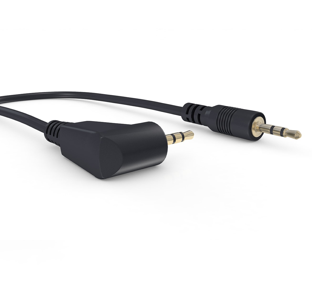 Schwarzes, angewinkeltes Audiokabel mit zwei goldfarbenen 3,5-mm-Steckern auf weißem Hintergrund.