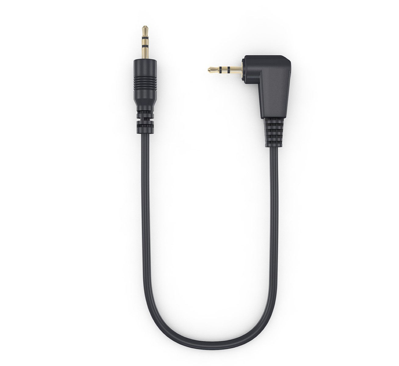 Ein schwarzes 3,5-mm-Audiokabel mit einem rechtwinkligen Stecker.