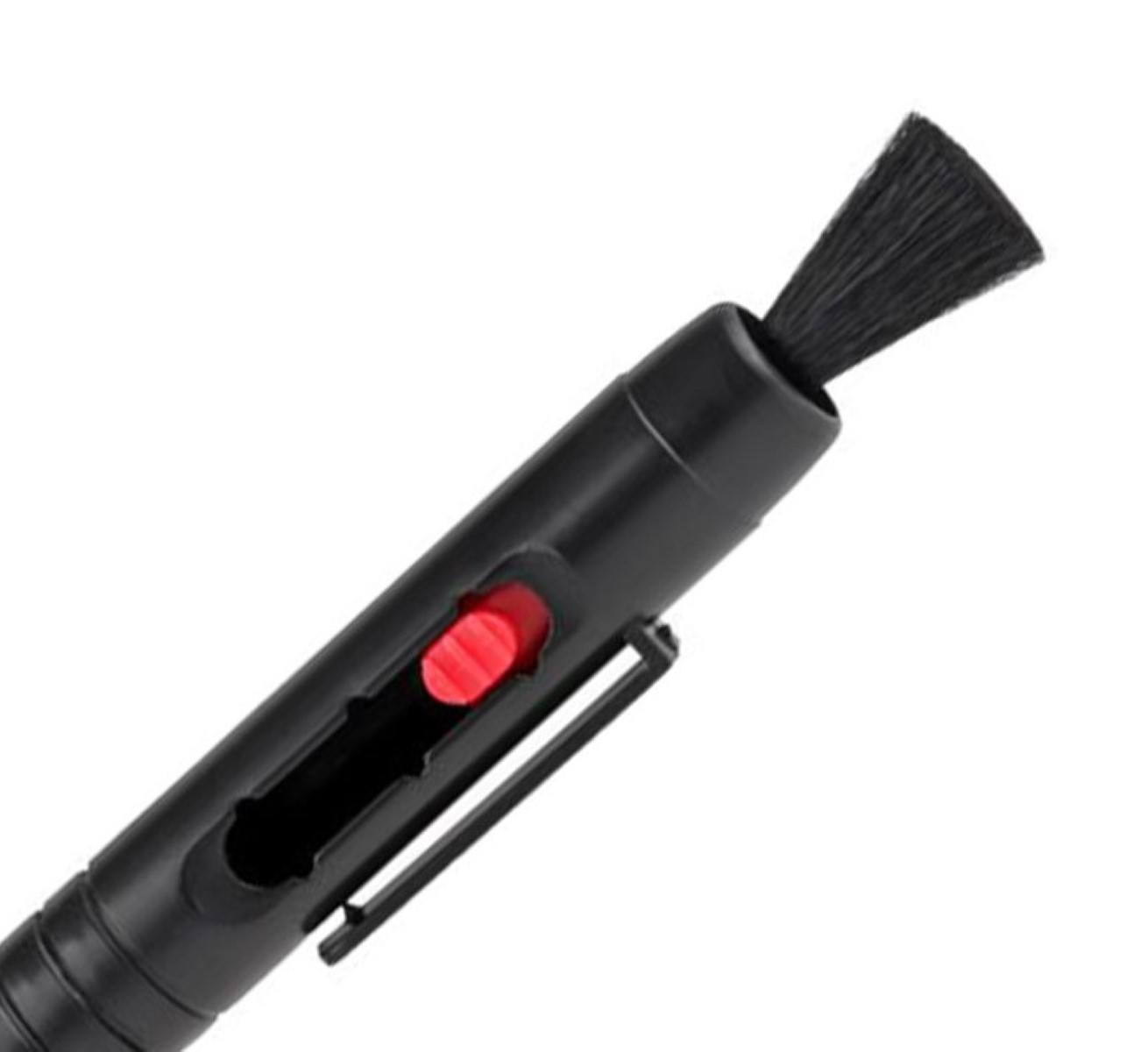 Schwarzer Objektiv-Reinigungsstift mit Bürste und Reinigungsspitze.