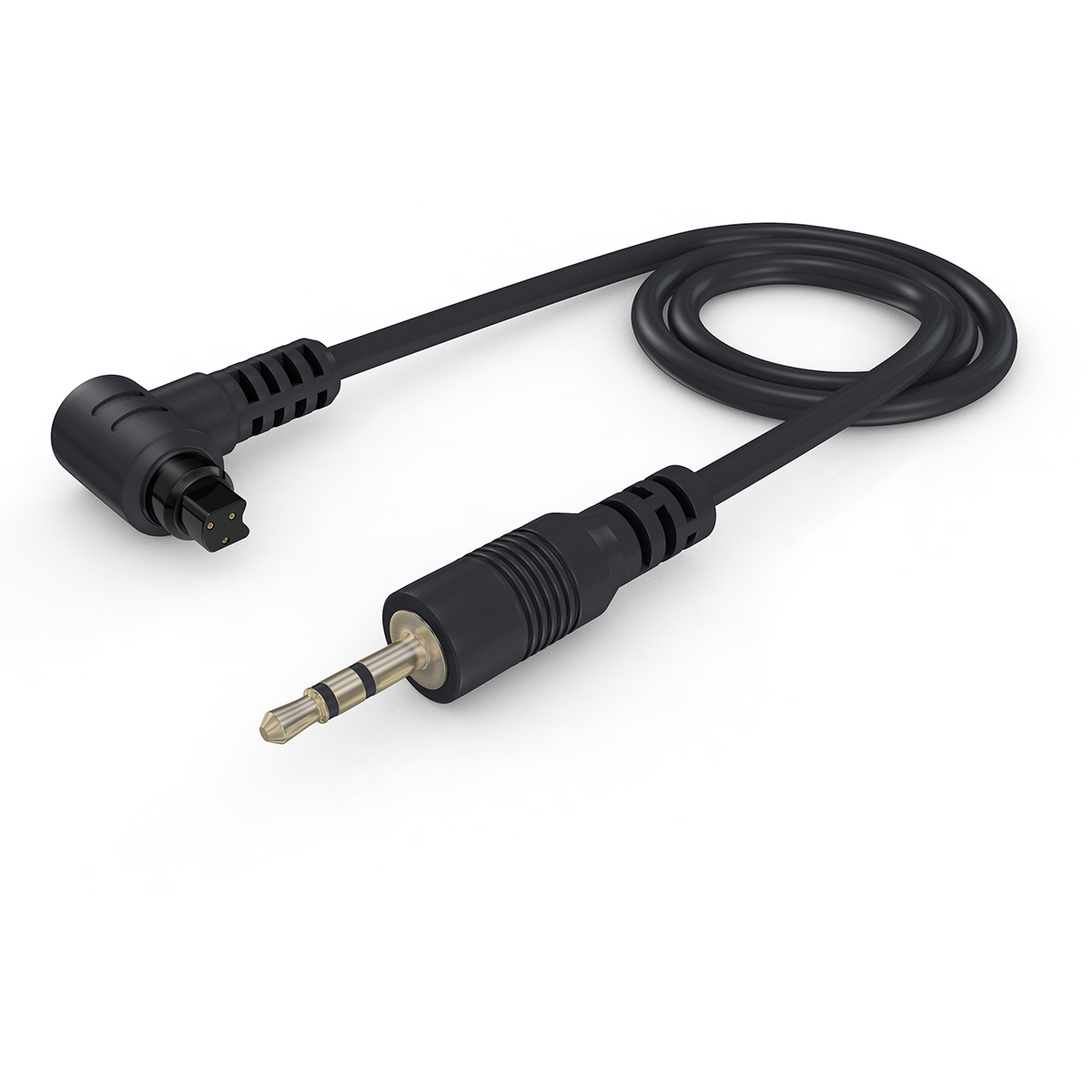 Schwarzes Kabel mit 3,5-mm-Klinke und Winkelstecker.