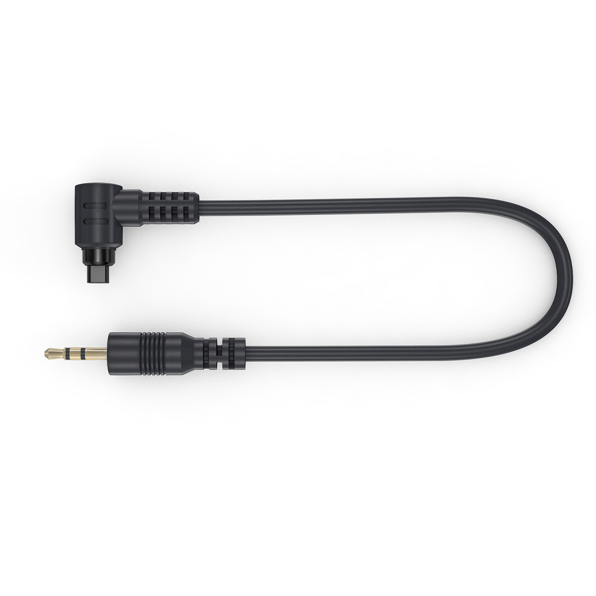 Schwarzes Audiokabel mit 3,5-mm-Klinke und rechtwinkligem Stecker auf weißem Hintergrund.