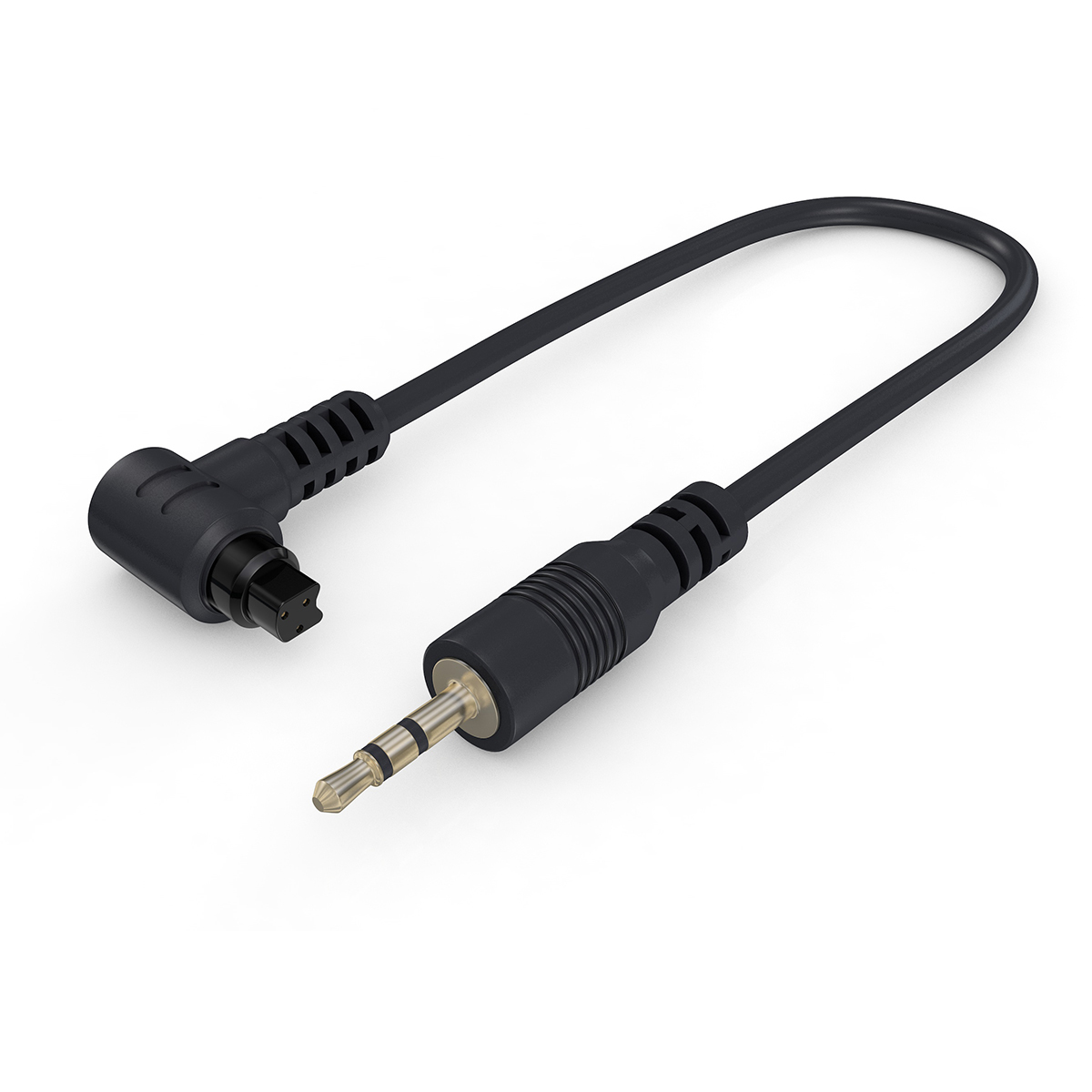 Schwarzes Audiokabel mit rechtwinkligem Stecker und 3,5-mm-Klinkenstecker auf weißem Hintergrund.
