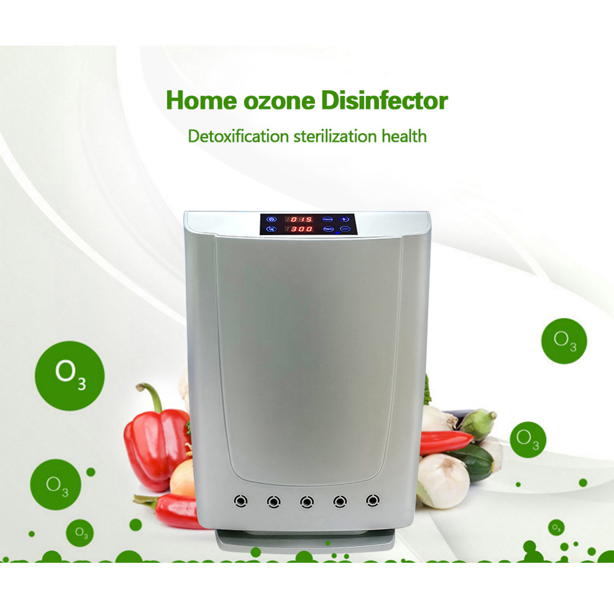 Ozon-Desinfektionsmittel für zu Hause. Silbernes Gerät mit Knöpfen und Display, Gemüse davor, grüner Hintergrund.