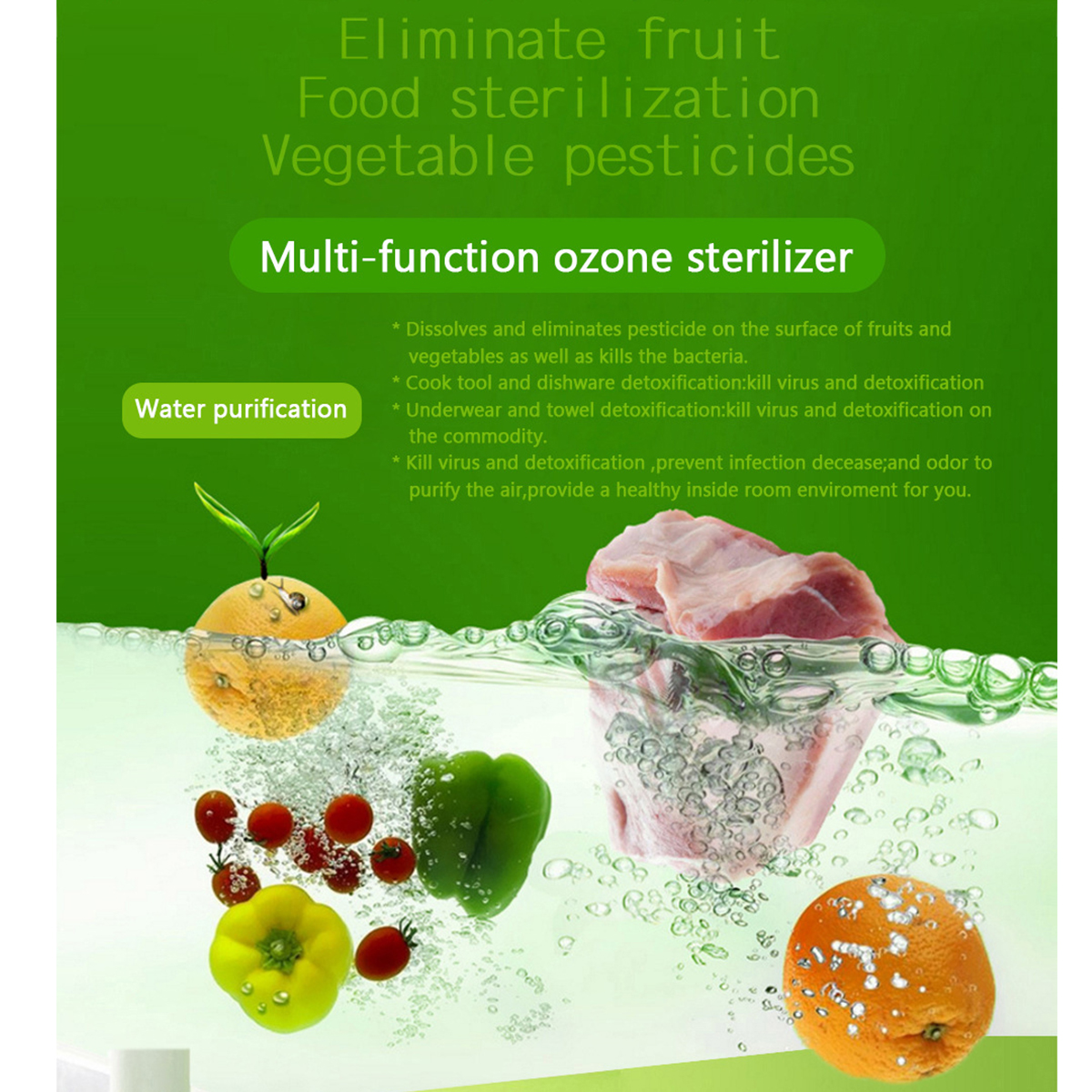 Das Bild zeigt Lebensmittel in Wasser zur Sterilisation. Früchte, Gemüse und Fleisch sind eingetaucht.