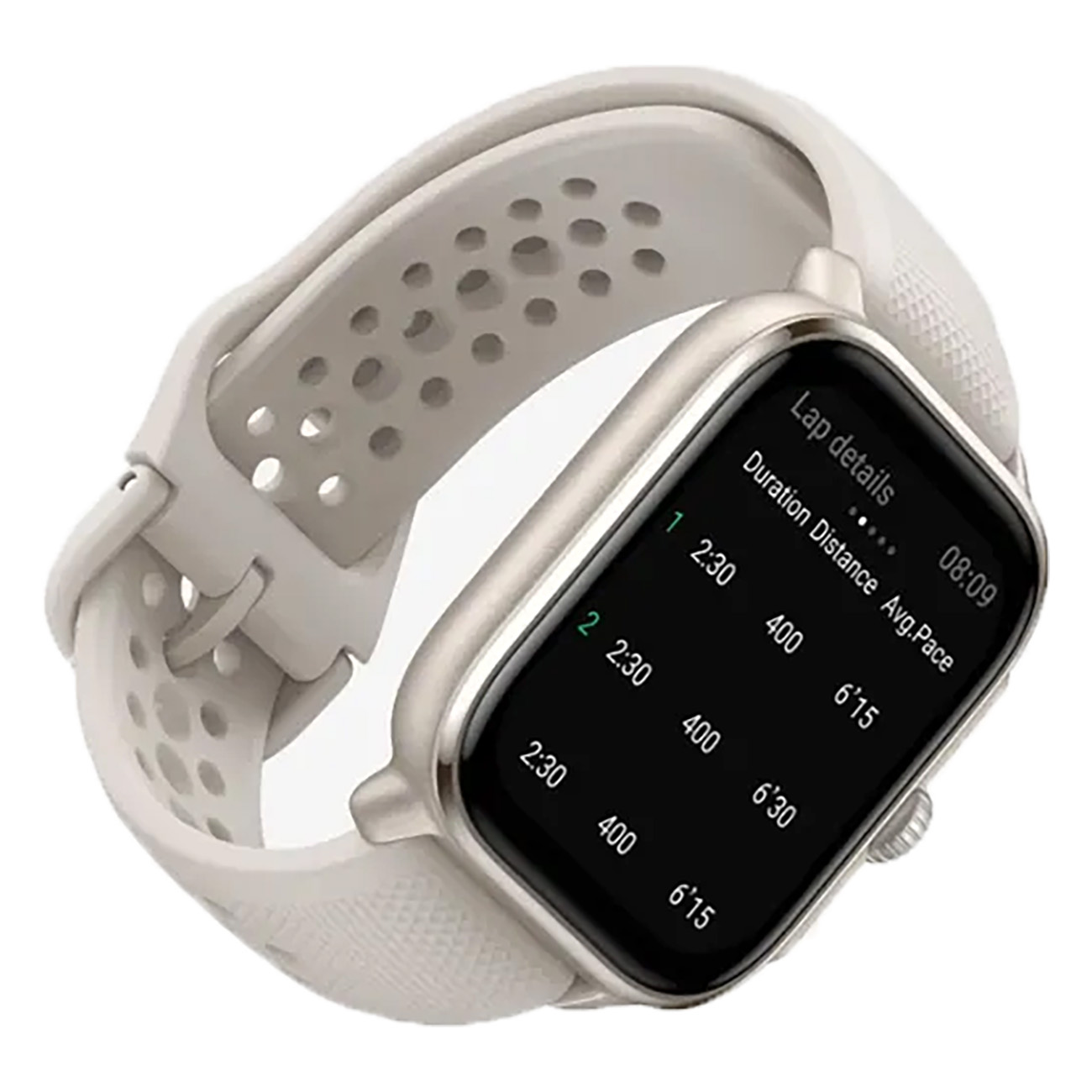 Biały smartwatch z czarnym ekranem pokazującym szczegóły okrążenia. Biały pasek z otworami.