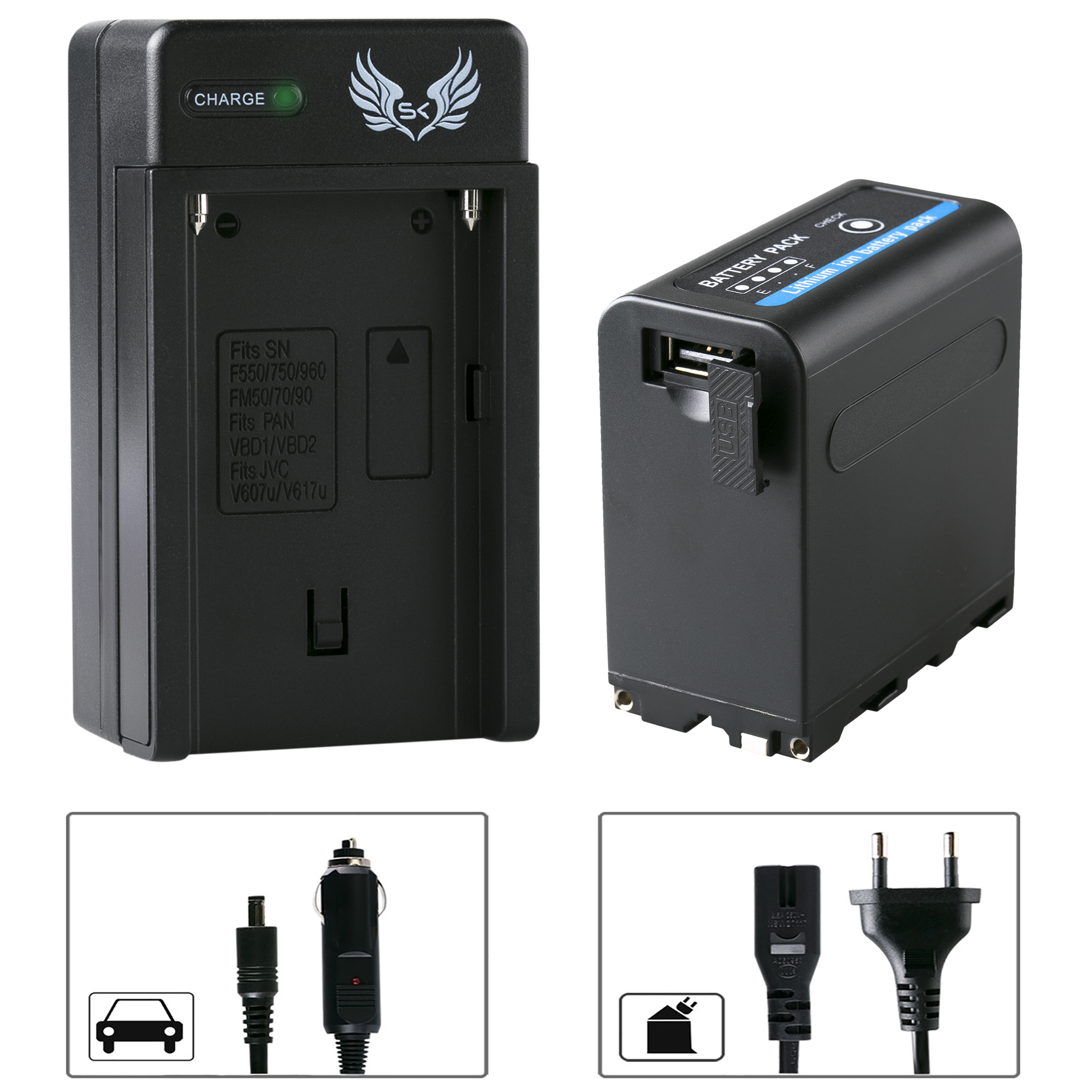 SKGAMES Akku Passend für NP-F980 // DC + Akku & Charger + 5V 8,4V - NP-F990 LG Sony NP-F970 Zellen Ausgang NP-F750 10050mAh USB Li-ion Charger