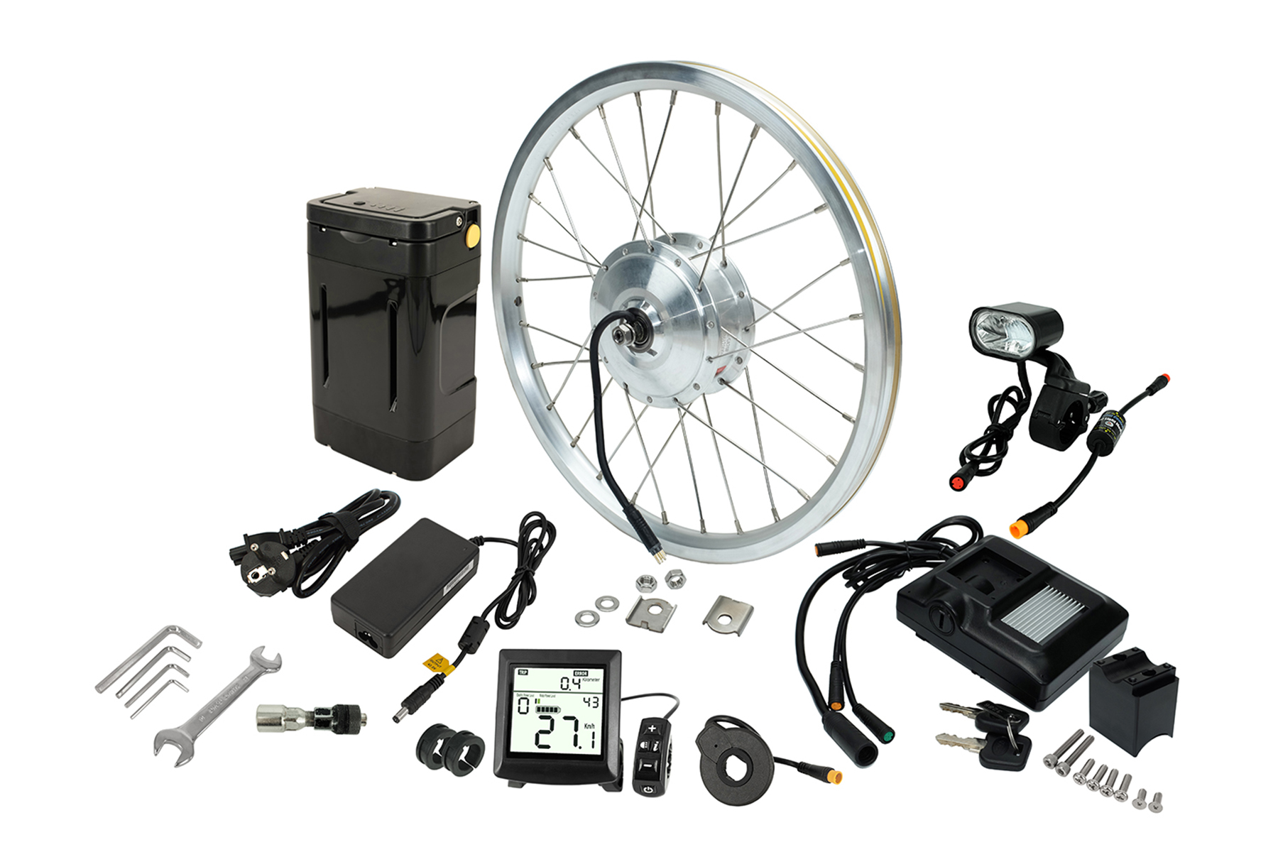 Verschiedene Teile eines Elektrofahrrad-Kits werden auf weißem Hintergrund angezeigt. Enthält ein Rad und eine Batterie.