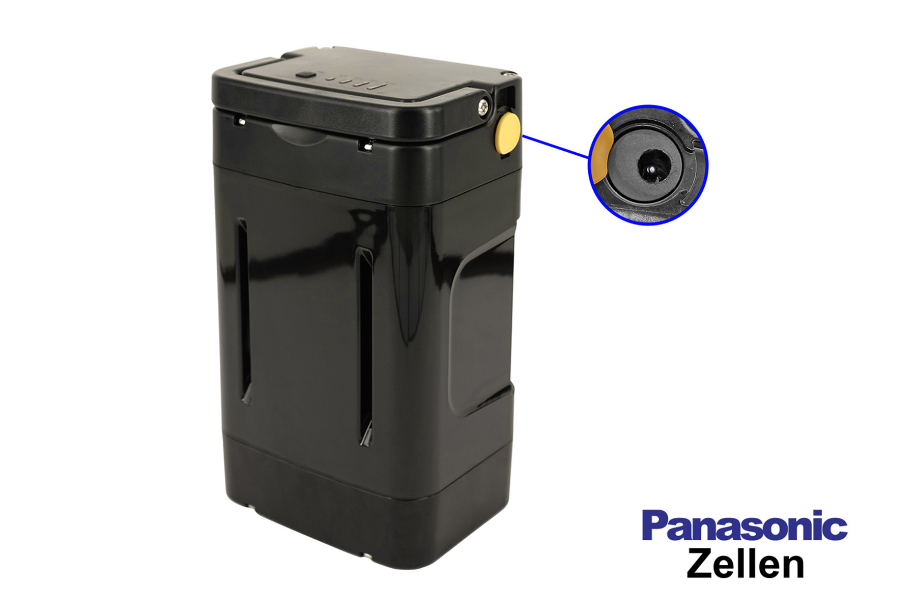 Ein schwarzer Akku mit gelbem Stecker und dem Panasonic-Logo.