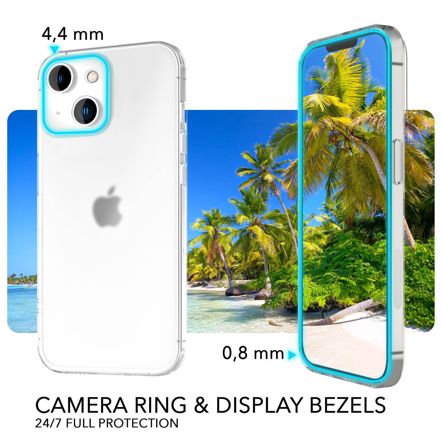 Handyhülle mit blauem Kameraring und Displayrahmen, mit Strandhintergrund.
