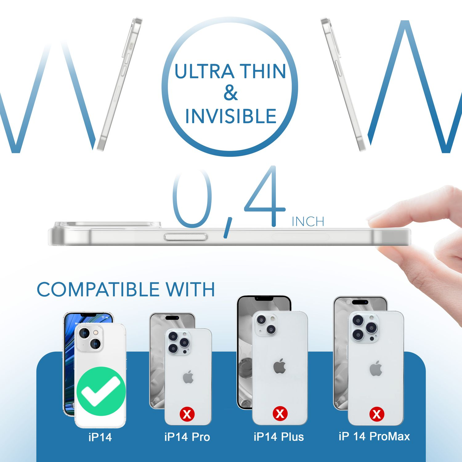 Eine transparente Handyhülle mit kompatiblen Modellen. Text: 'Ultra Thin & Invisible'.