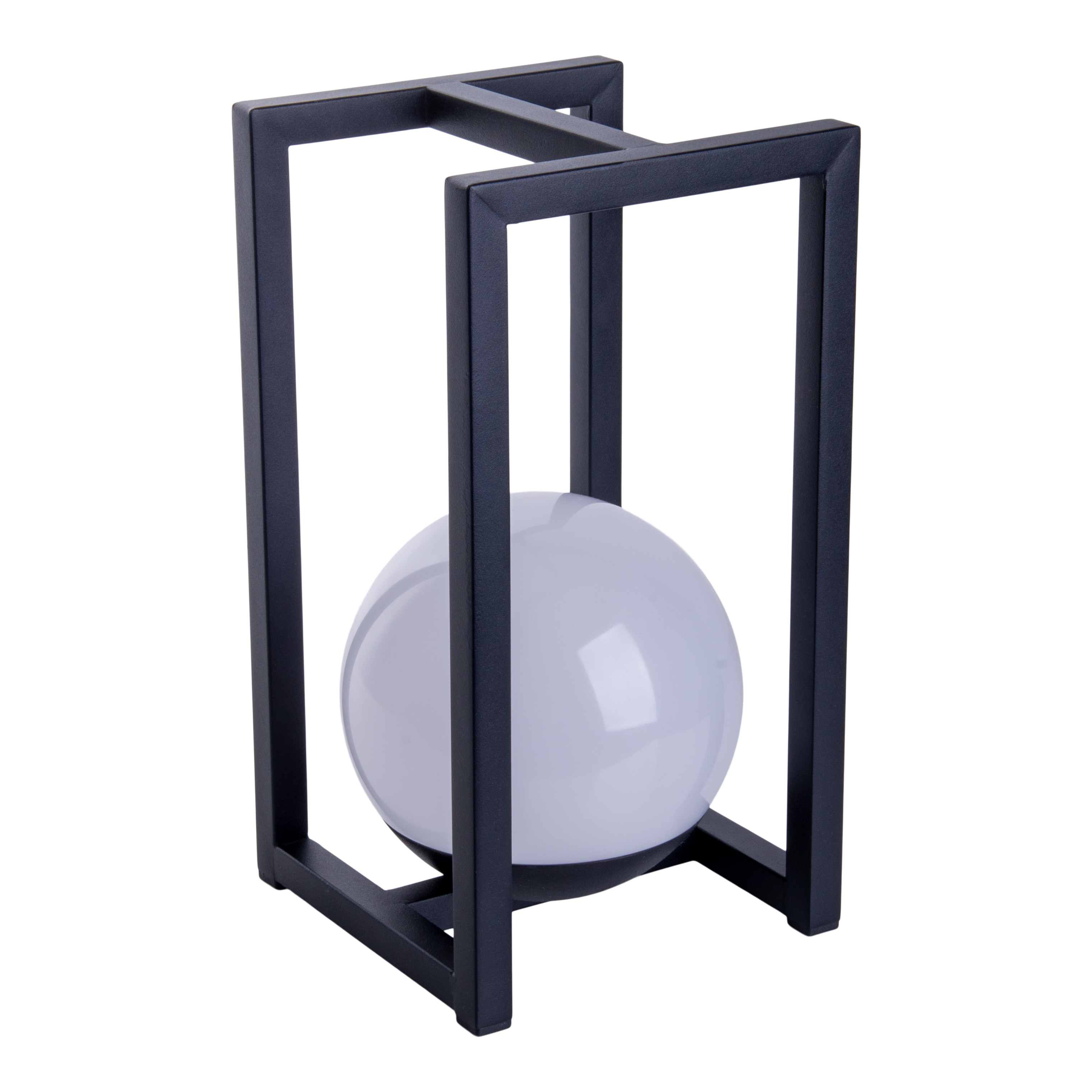 Schwarz gerahmte Lampe mit weißem Kugel-Licht, modernes Design auf weißer Oberfläche.