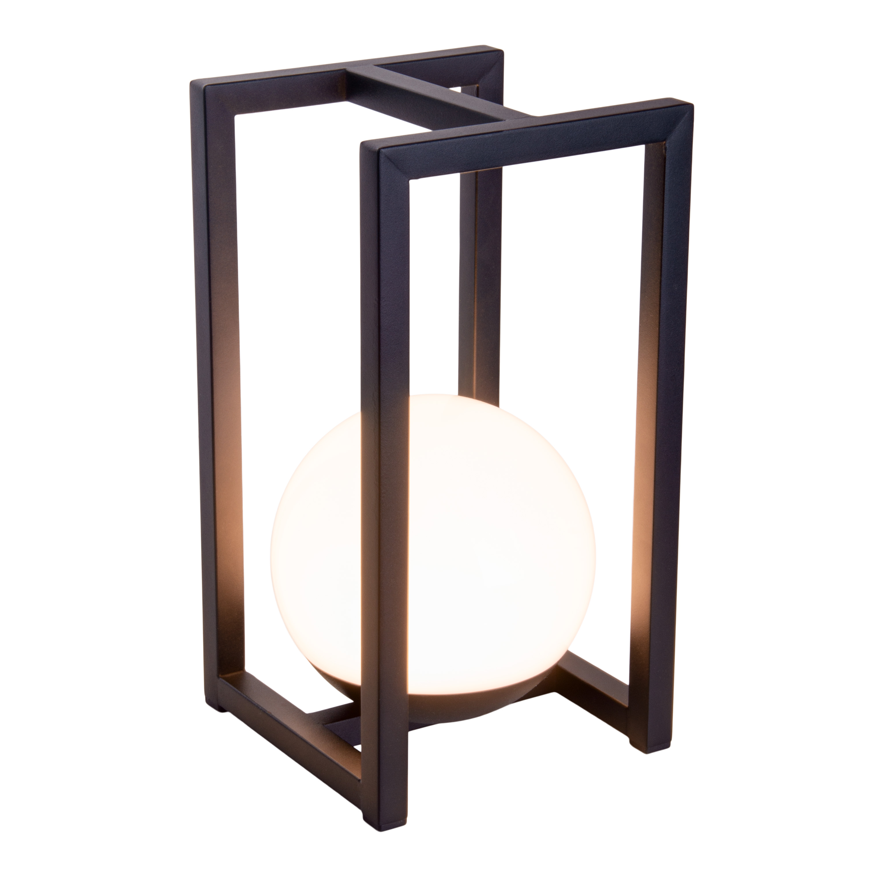 Schwarze rechteckige Lampe mit weißem Globus in einem schwarzen Rahmen. Die Lampe steht auf weißem Hintergrund.