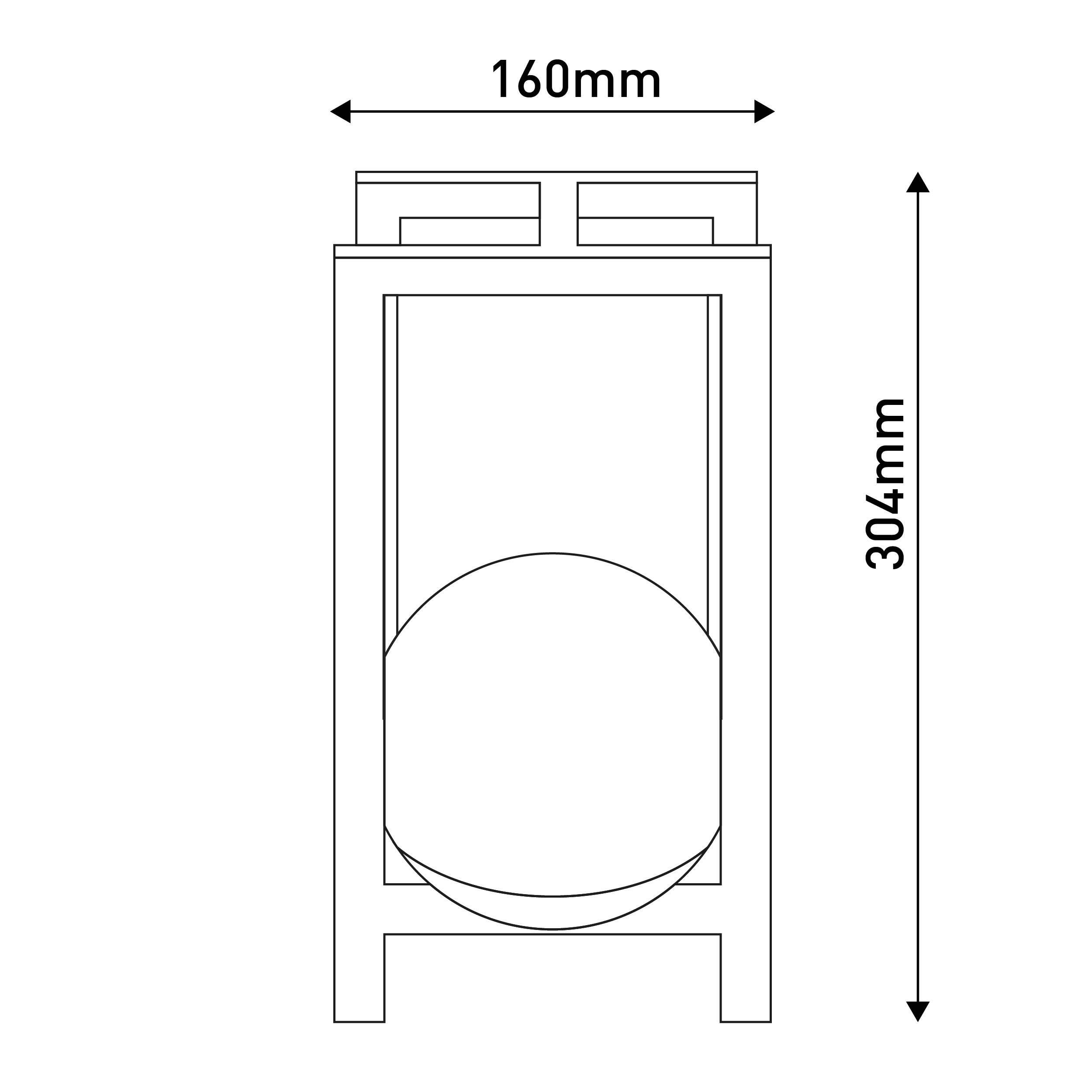 Ein Diagramm zeigt einen rechteckigen Rahmen mit einem gebogenen Objekt und Maßen: 160 mm Breite, 304 mm Höhe.