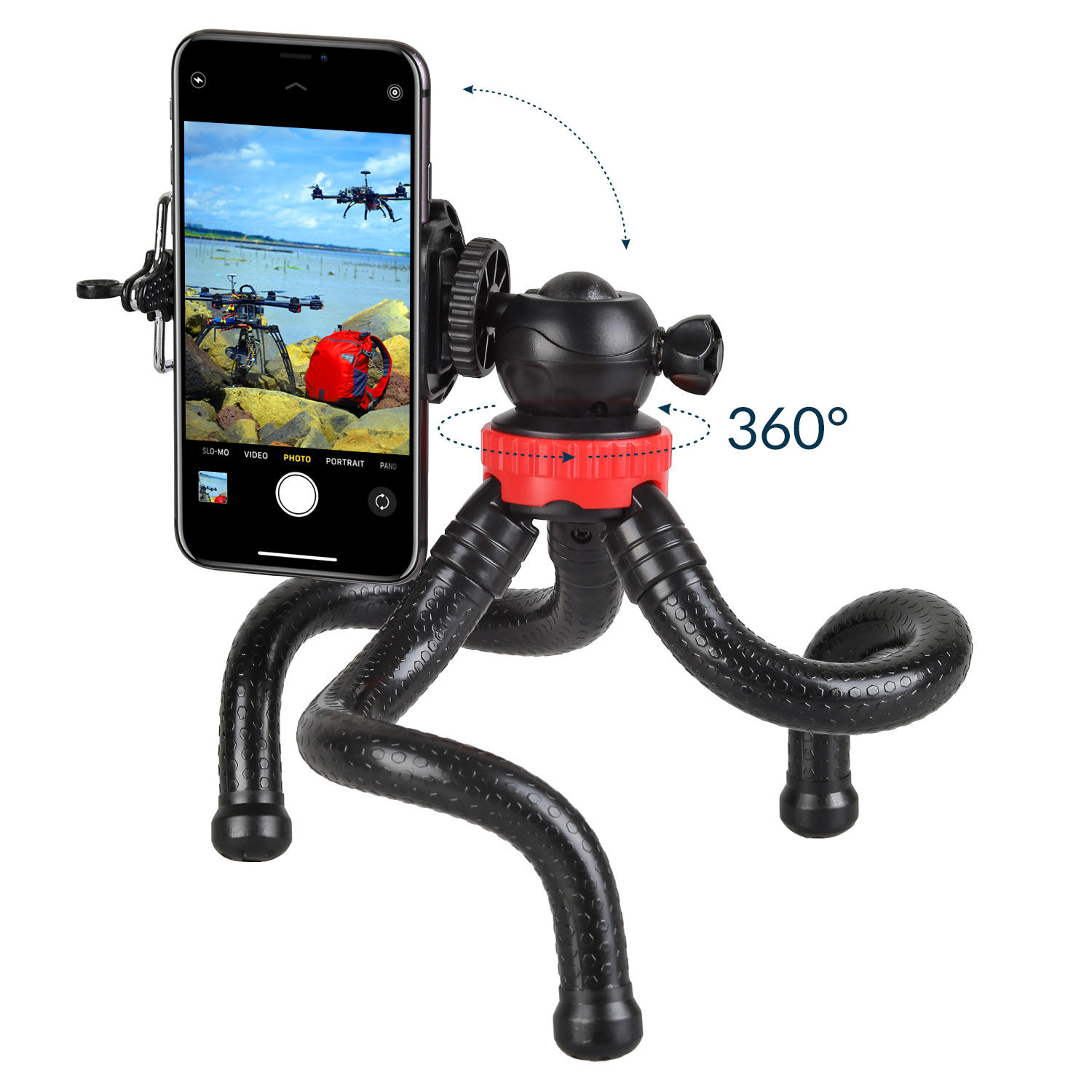 Schwarzes Stativ mit Telefon, das ein Drohnenvideo zeigt. Rote und schwarze Teile.
