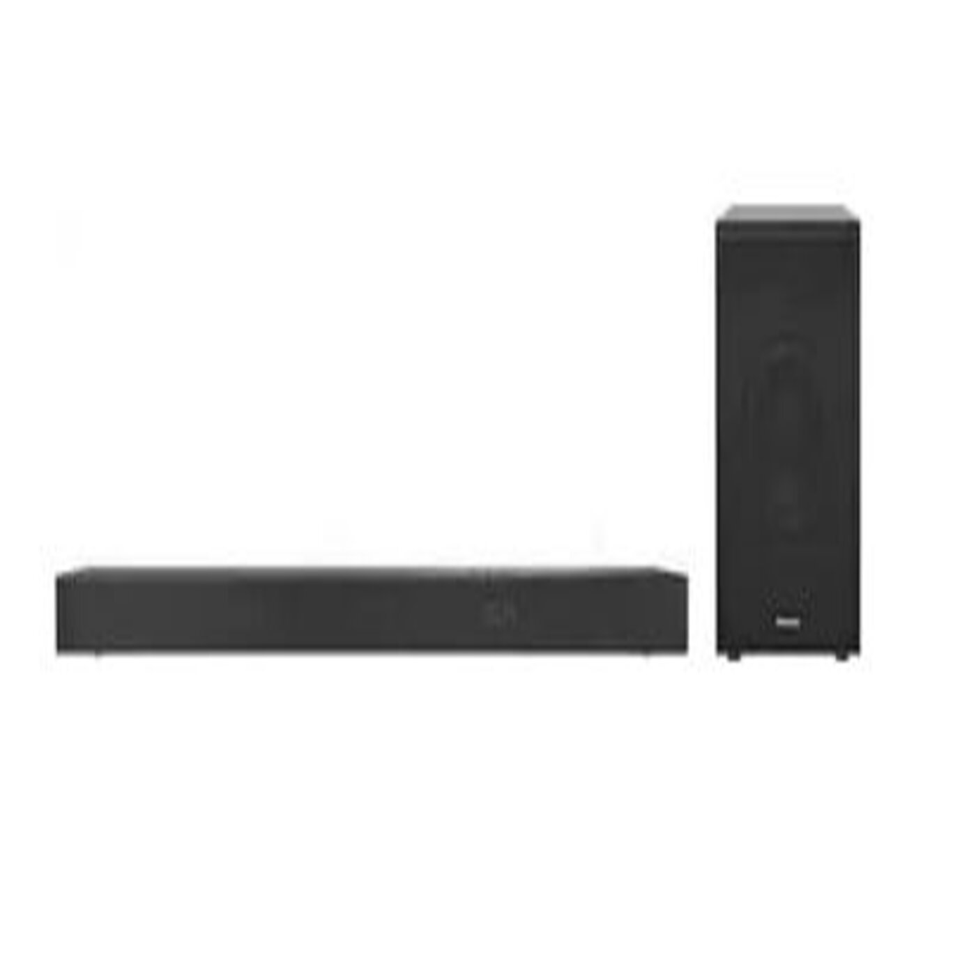 Czarny soundbar i subwoofer na białym tle. Prosty design.