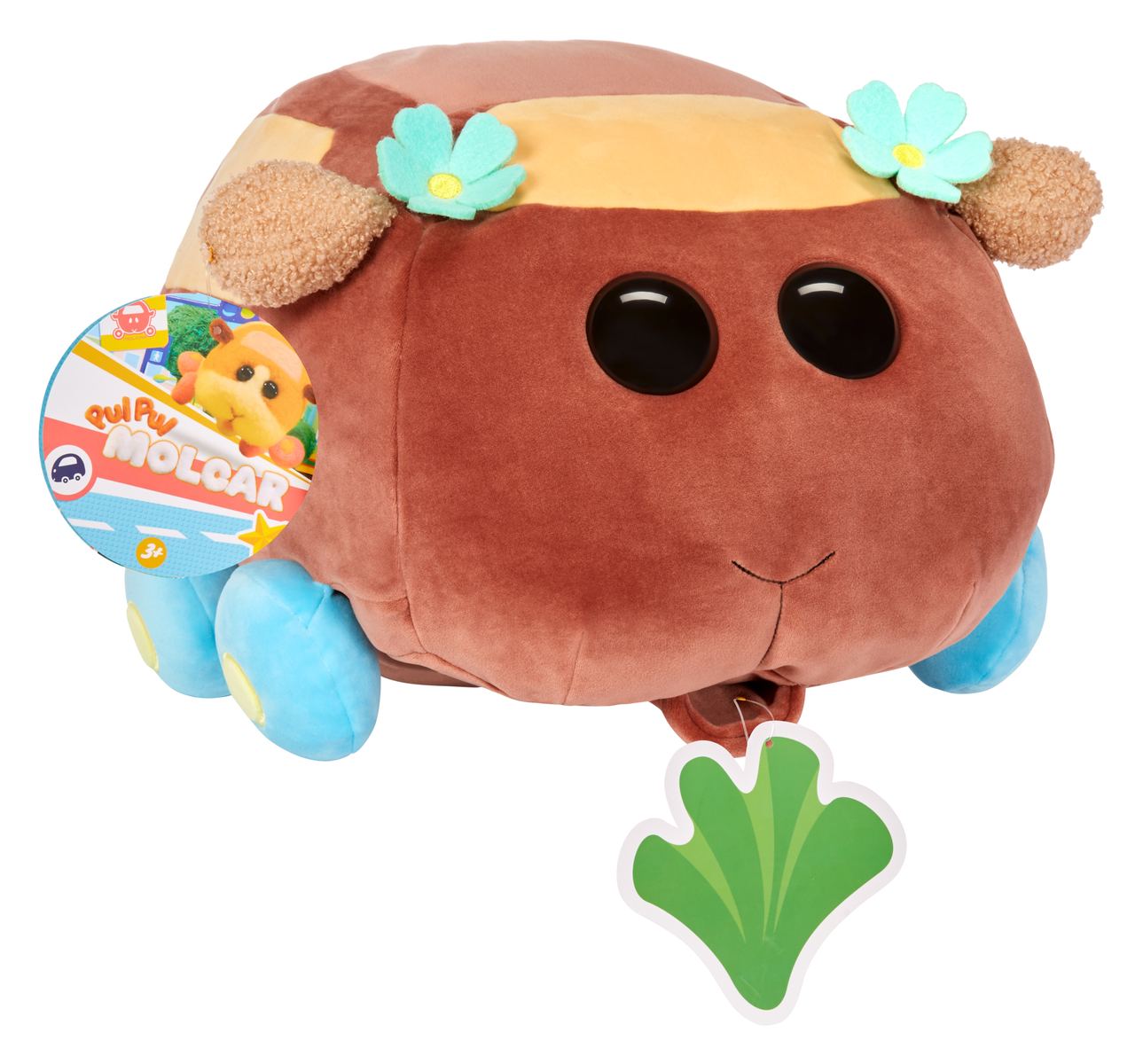 Une voiture en peluche, marron avec roues et fleurs bleues, avec une étiquette 'Molcar'.