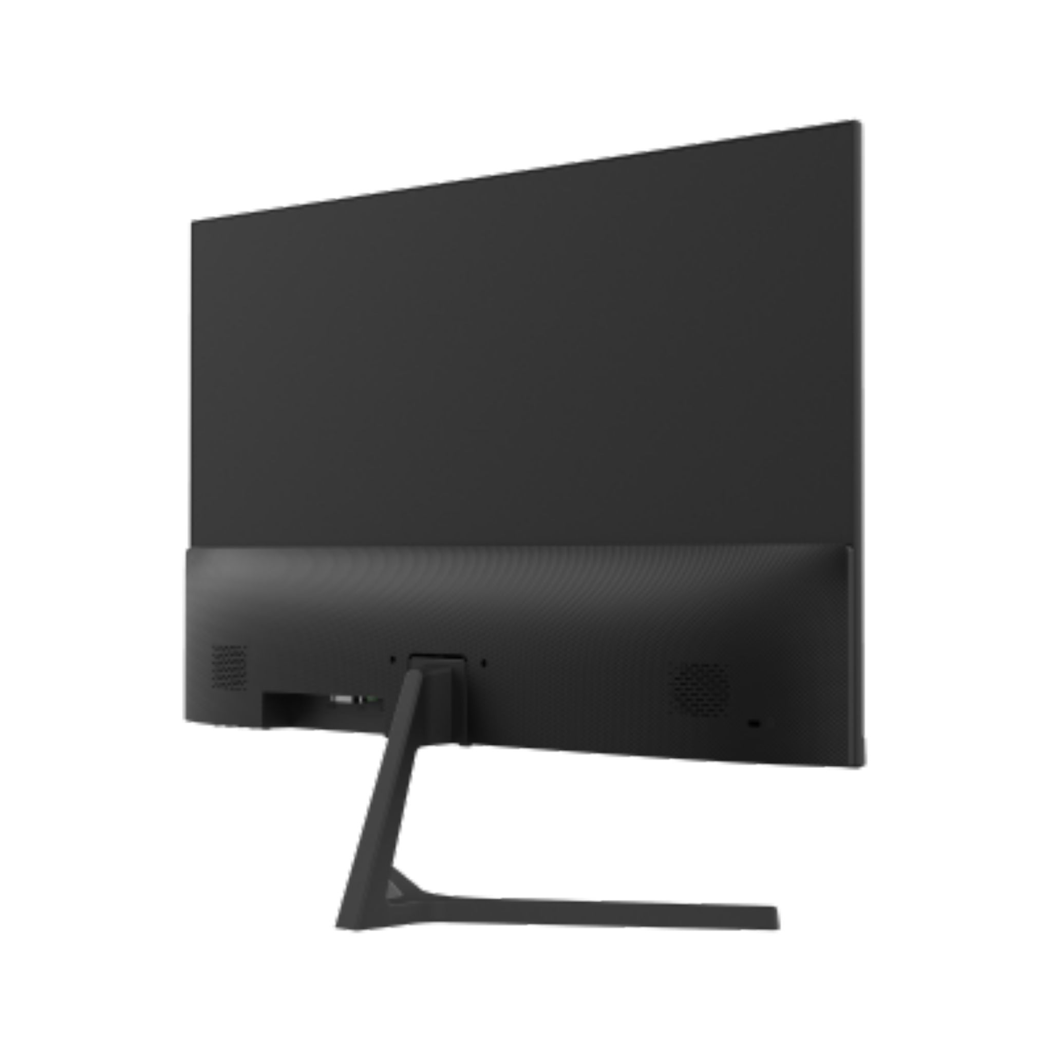 Schwarzer Computermonitor von hinten. Minimalistisches Design mit Ständer.