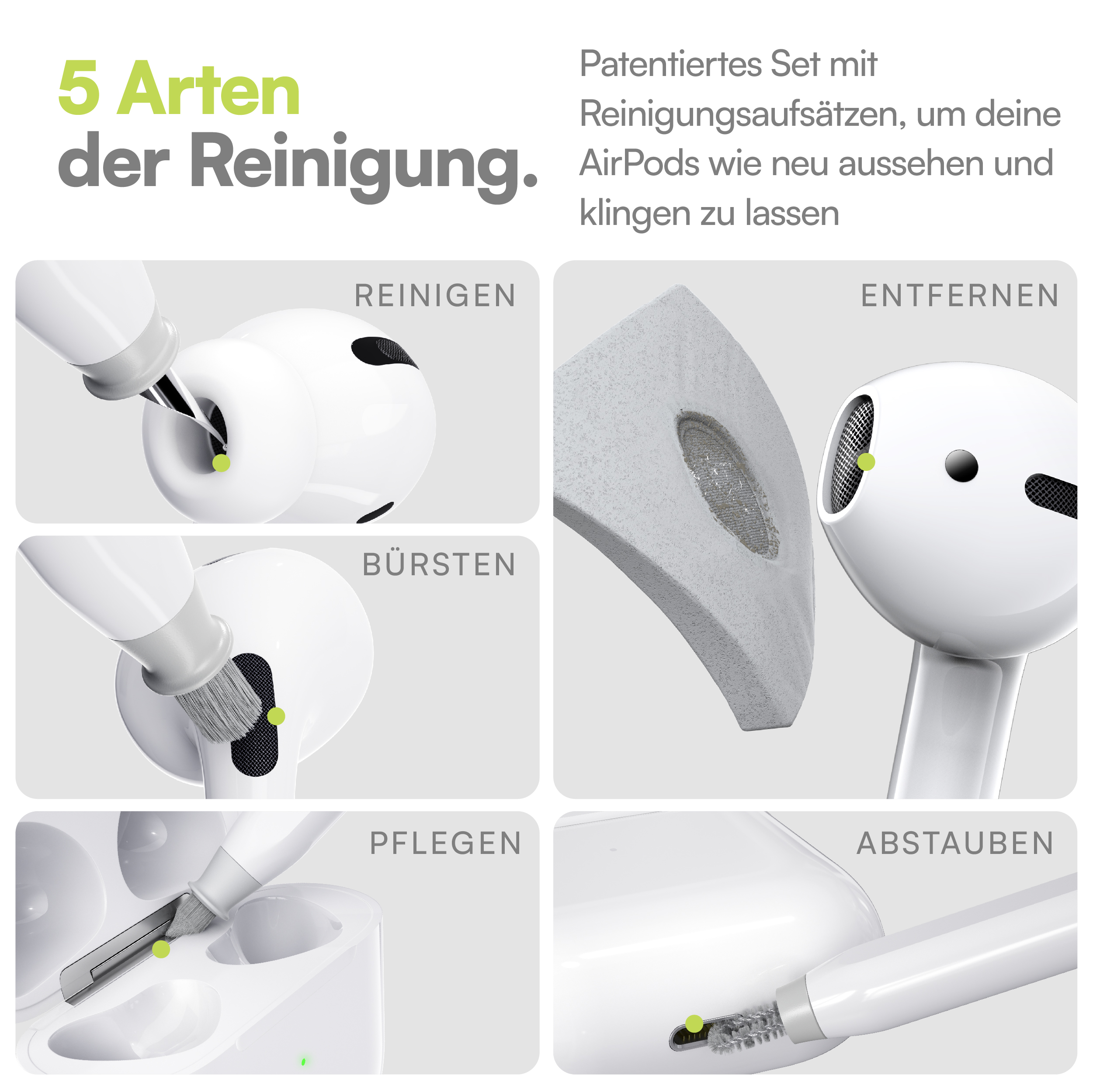 Diagramma che mostra i passaggi di pulizia degli AirPods, inclusi spazzole e strumenti.