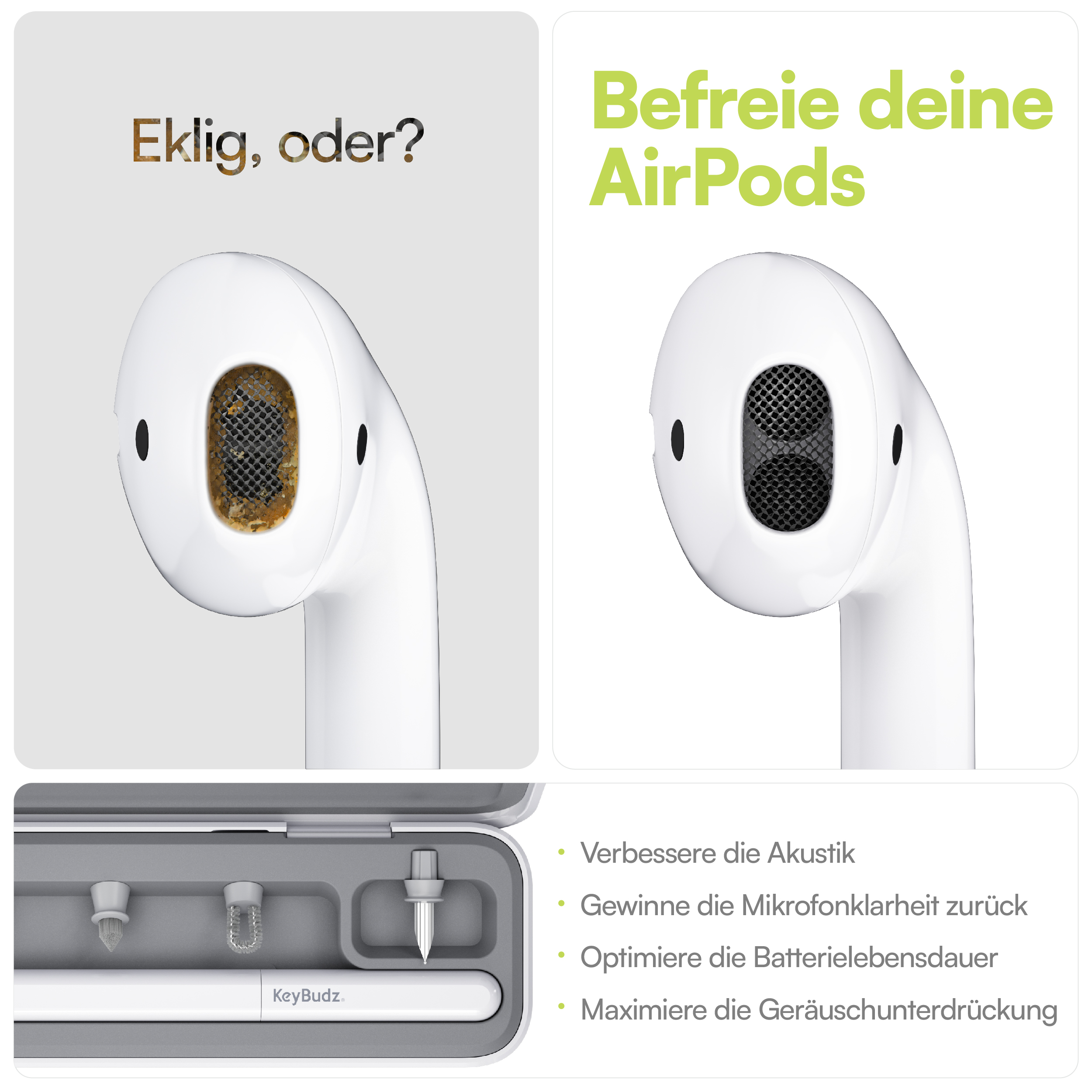 Auricolari, sporchi e puliti, con strumenti di pulizia e testo sulla pulizia e l'audio.