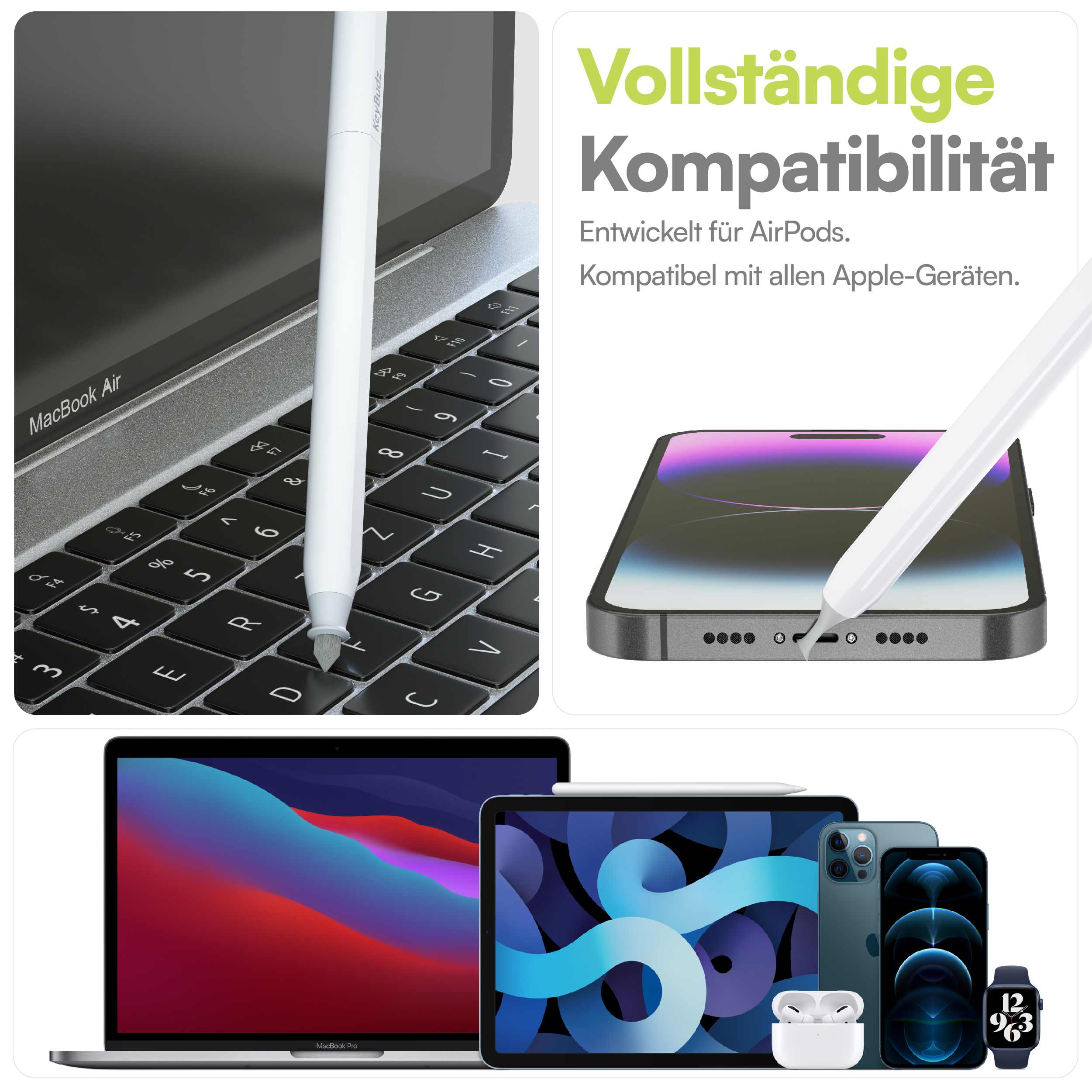 Collage di dispositivi Apple: MacBook, iPad, iPhone e Apple Pencil.