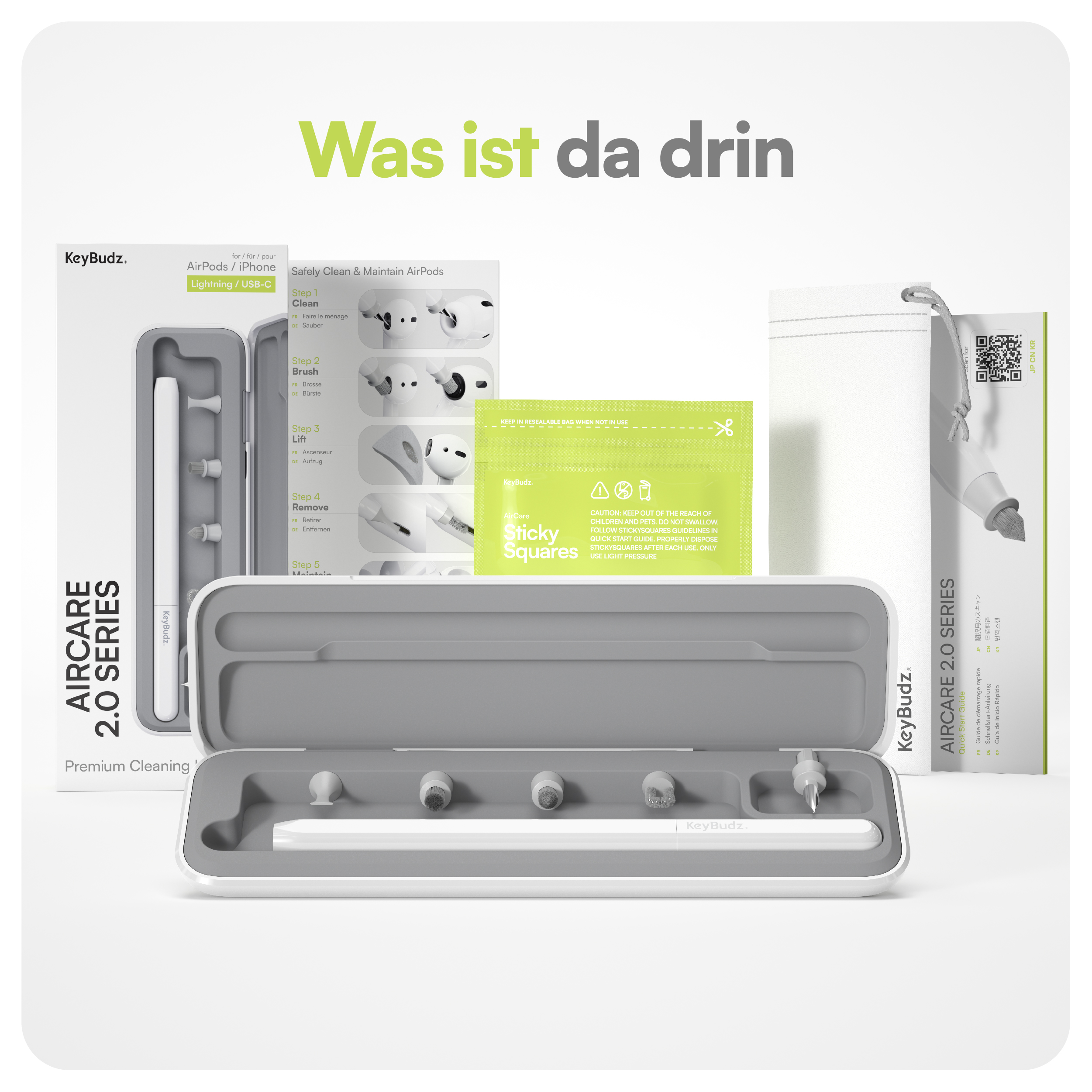 Un'esposizione del prodotto di un kit Keybudz AirCare. Contiene strumenti e accessori per la pulizia.