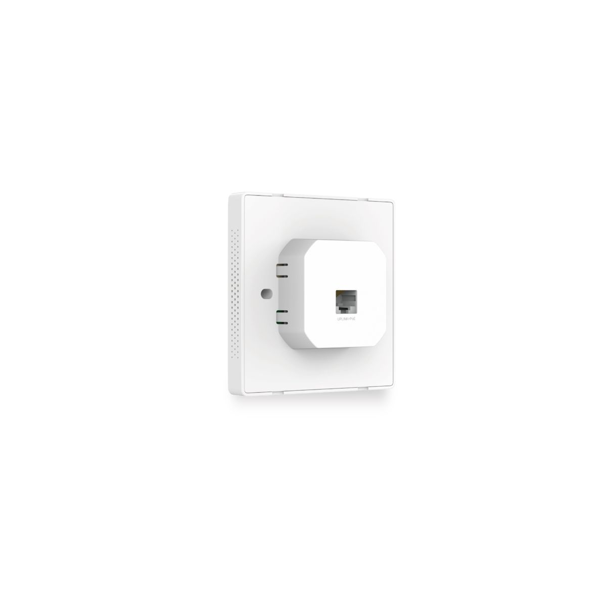 Eine weiße Steckdose mit RJ45-Anschluss, eine kleine weiße quadratische Komponente.