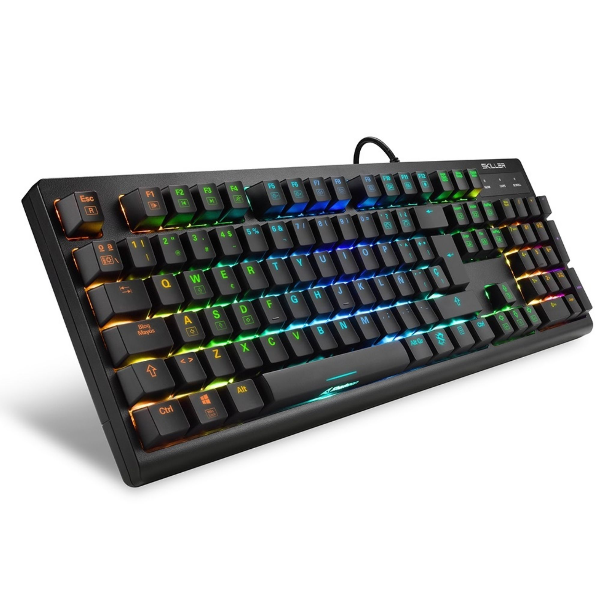 Tastiera da gioco nera con tasti e luci colorate. Sfondo bianco.