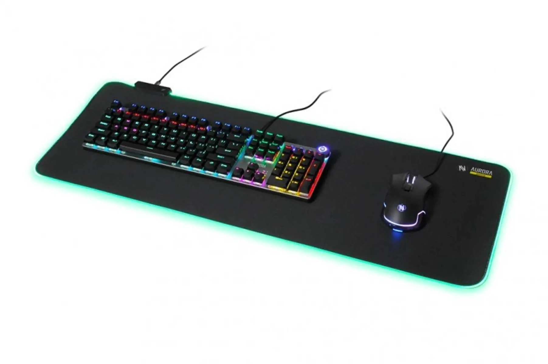 Ampio tappetino per mouse nero con tastiera e mouse. Illuminazione a LED sul bordo.