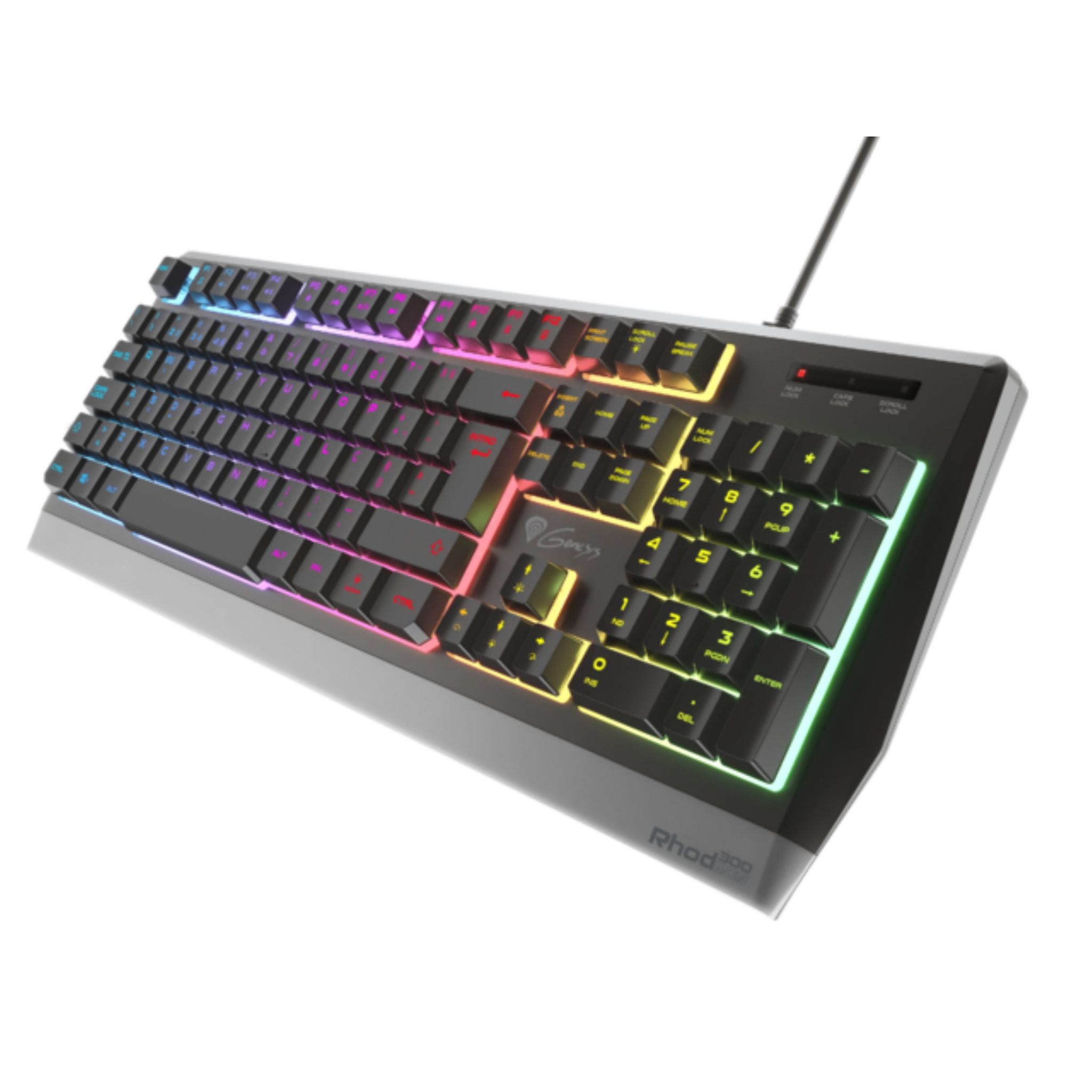 Teclado negro con iluminación RGB. Las teclas son negras e iluminadas. La marca es 'Genesis'.