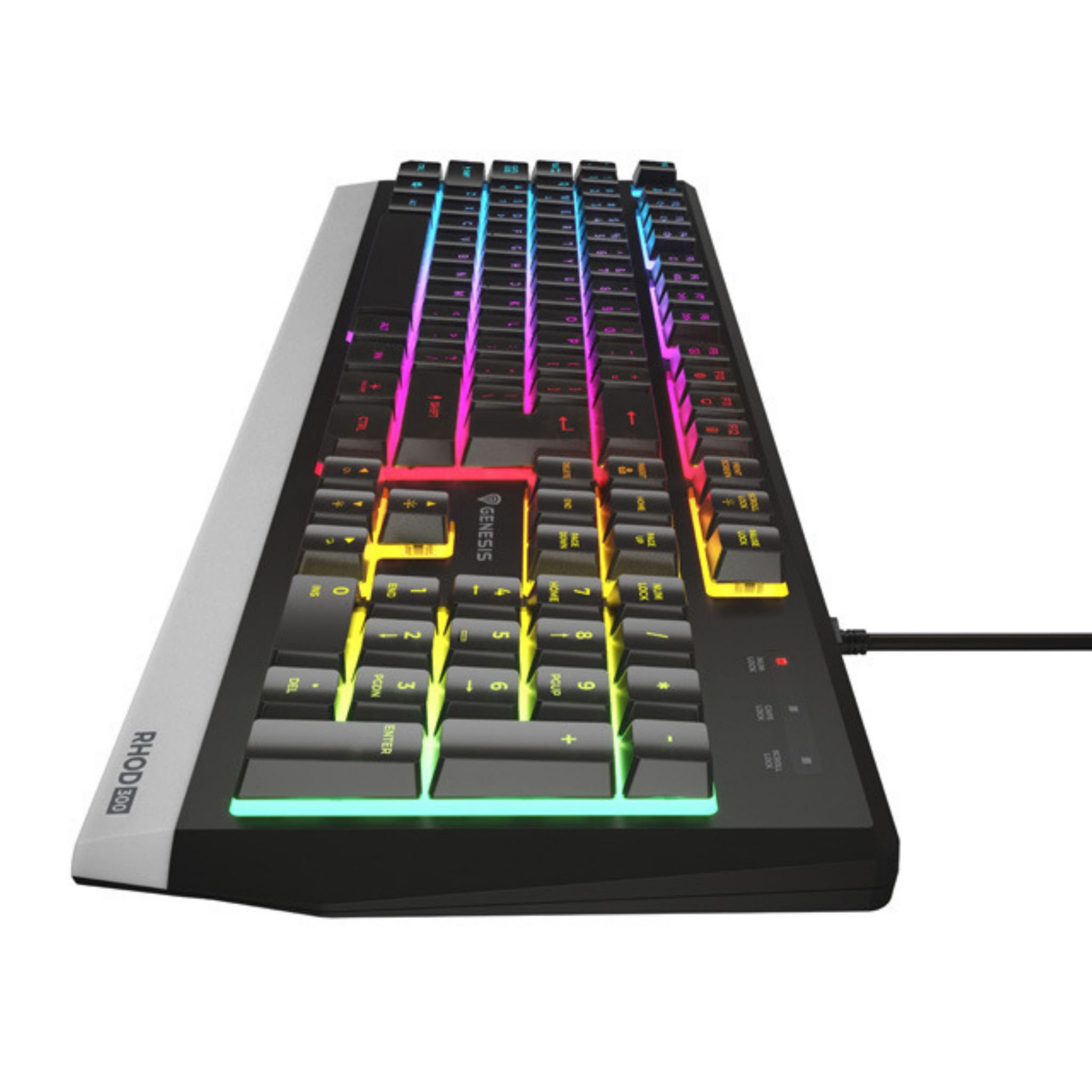 Teclado mecánico negro y plateado con teclas iluminadas. Tiene un esquema de color arcoíris.