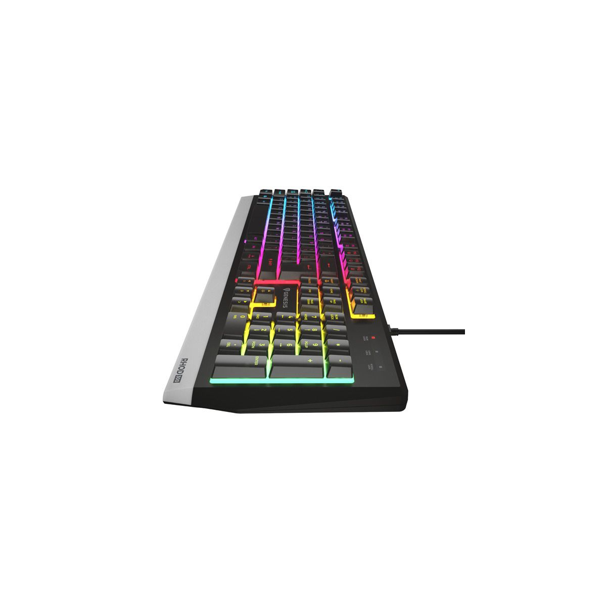 Teclado negro con iluminación RGB. Acentos blancos y plateados. Fondo blanco.