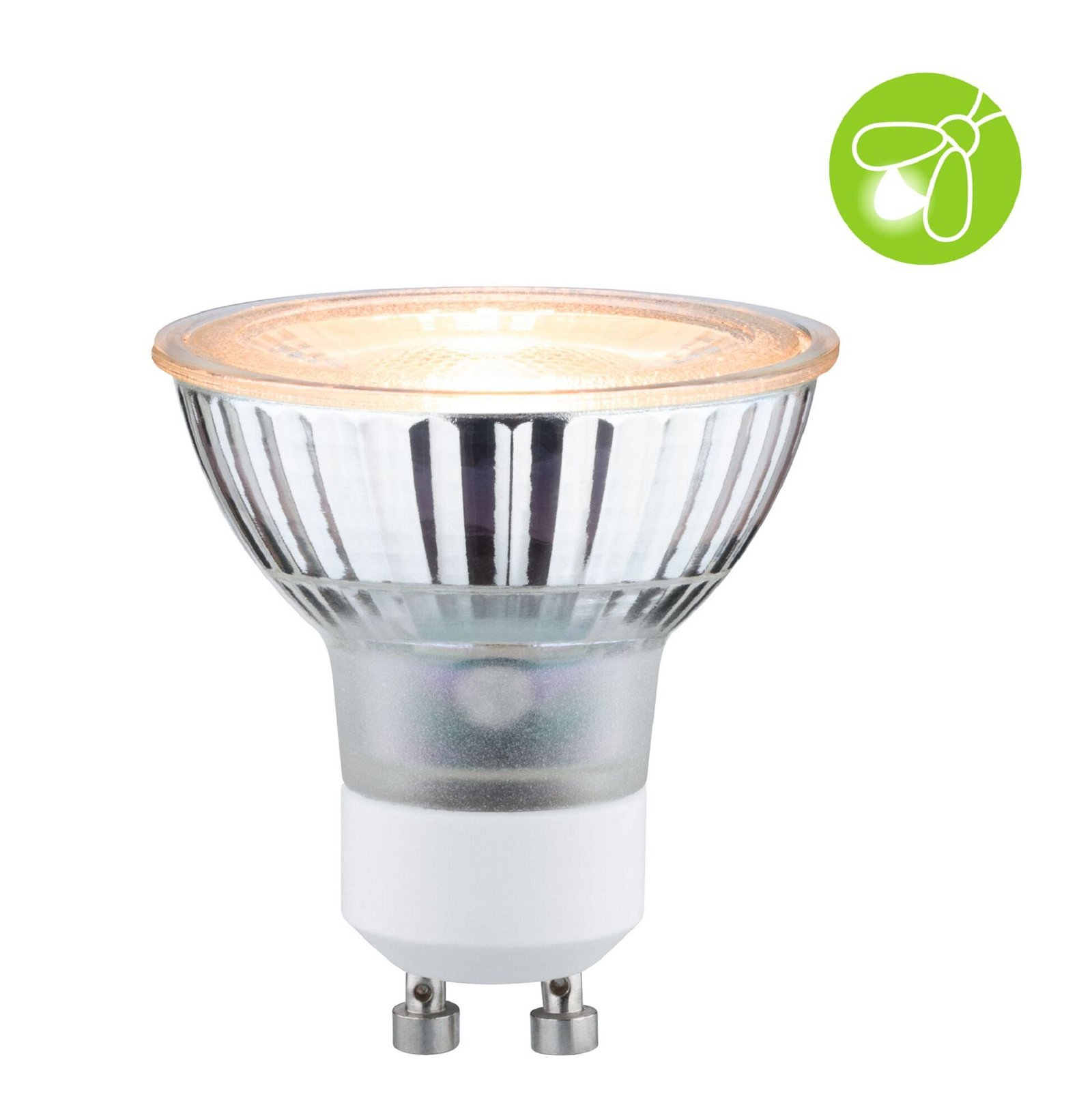 Una lampadina spot con un riflettore argentato e una base bianca.