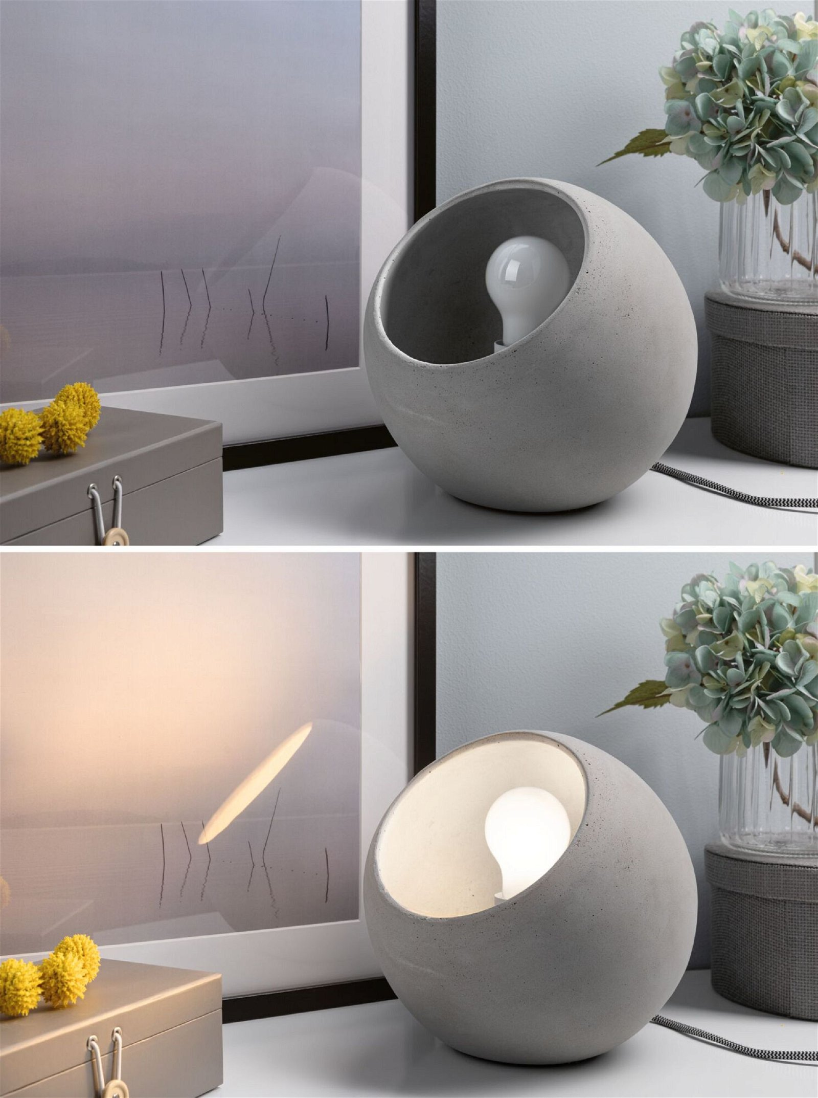 Zwei Bilder einer grauen kugelförmigen Lampe mit Licht. Einmal an, einmal aus, am Fenster.
