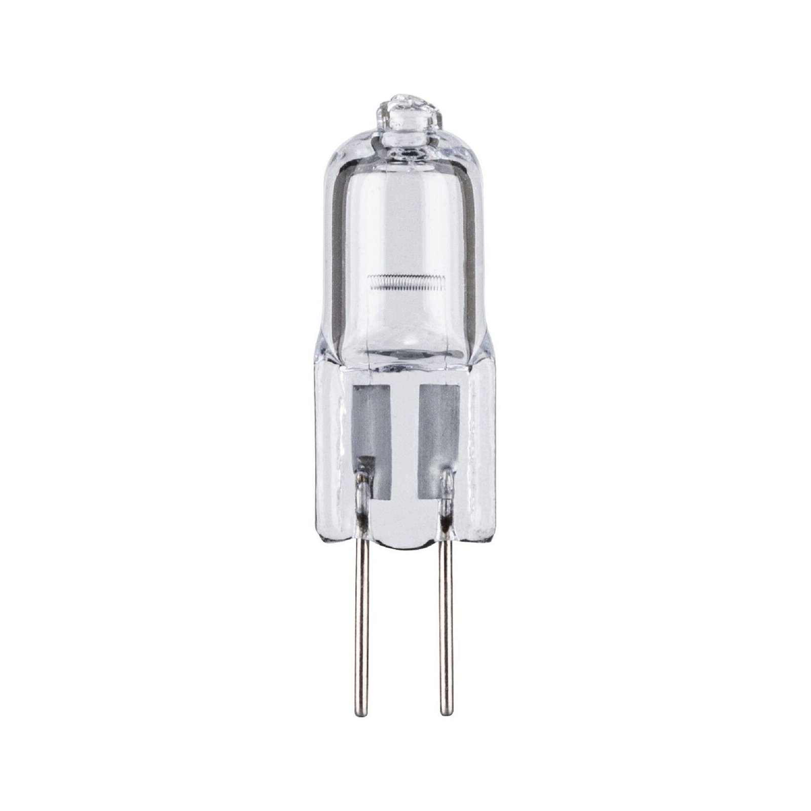 Eine kleine, klare Halogenlampe mit zwei Stiften, die sich von der Basis erstrecken, vor weißem Hintergrund.