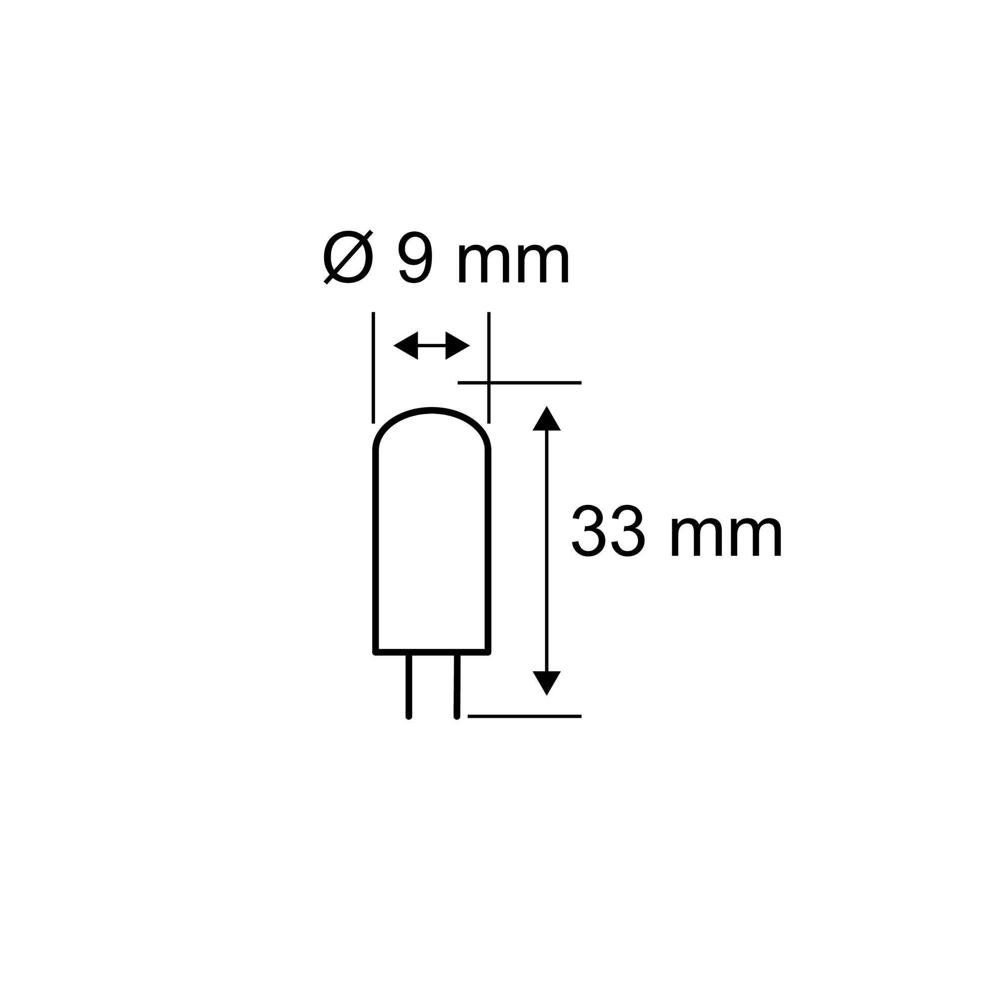 Diagramm einer LED-Glühbirne: 9 mm Durchmesser, 33 mm Länge, mit Stiften unten.