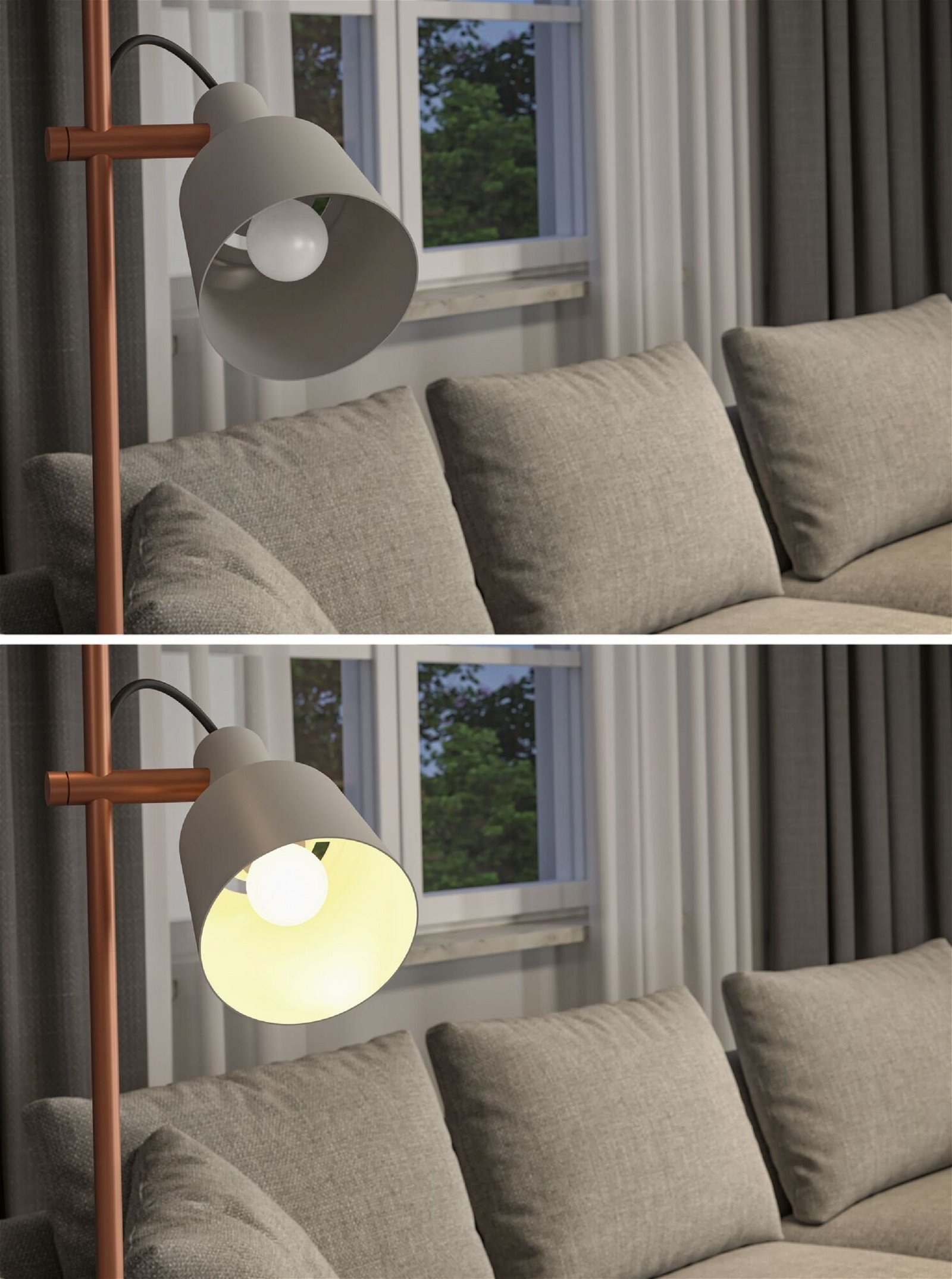 Stehlampe mit Licht an und aus, die ein Sofa und ein Fenster im Hintergrund zeigt.