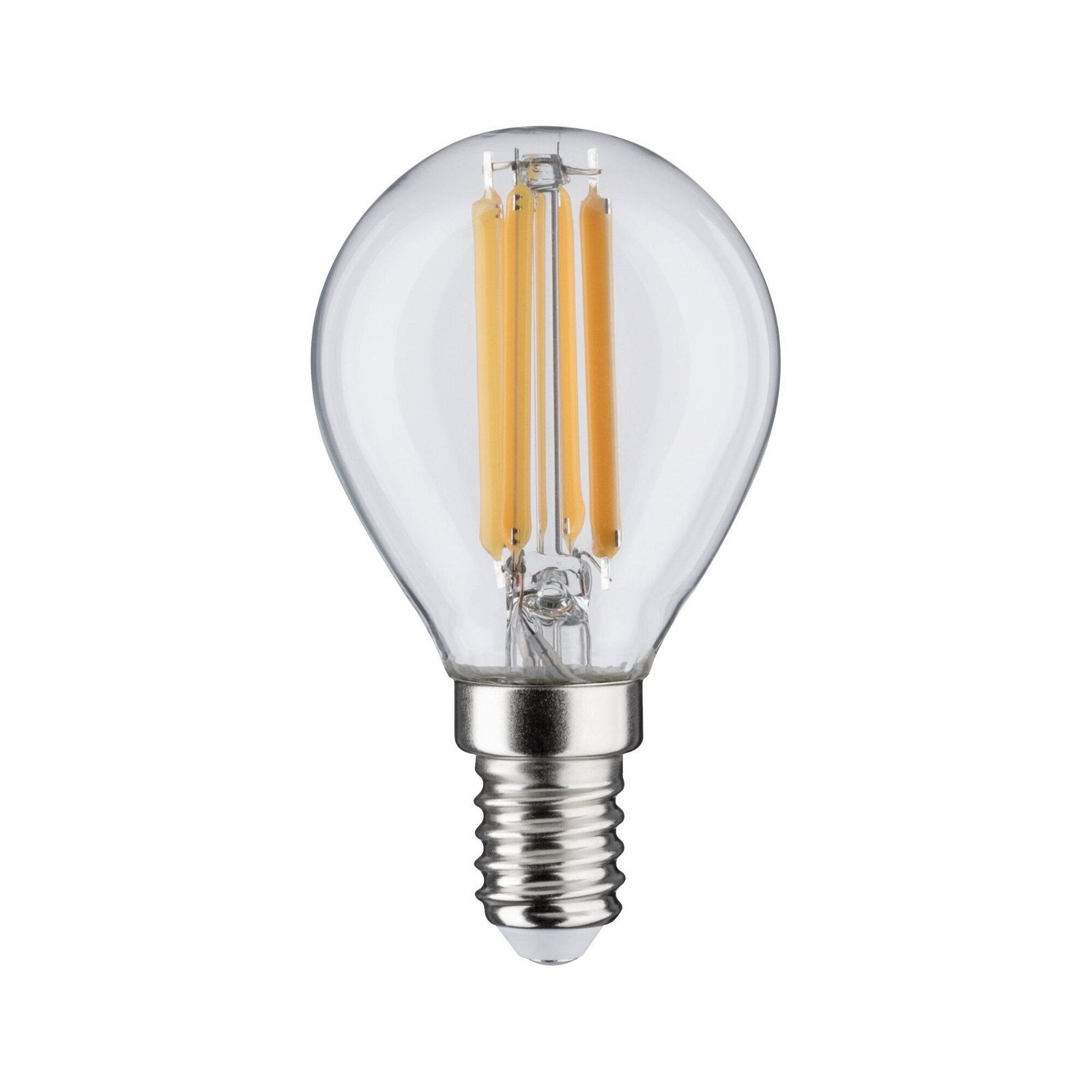 Klare LED-Glühbirne mit gelben Filamenten, silbernem Sockel und E14-Fassung auf weißem Grund.
