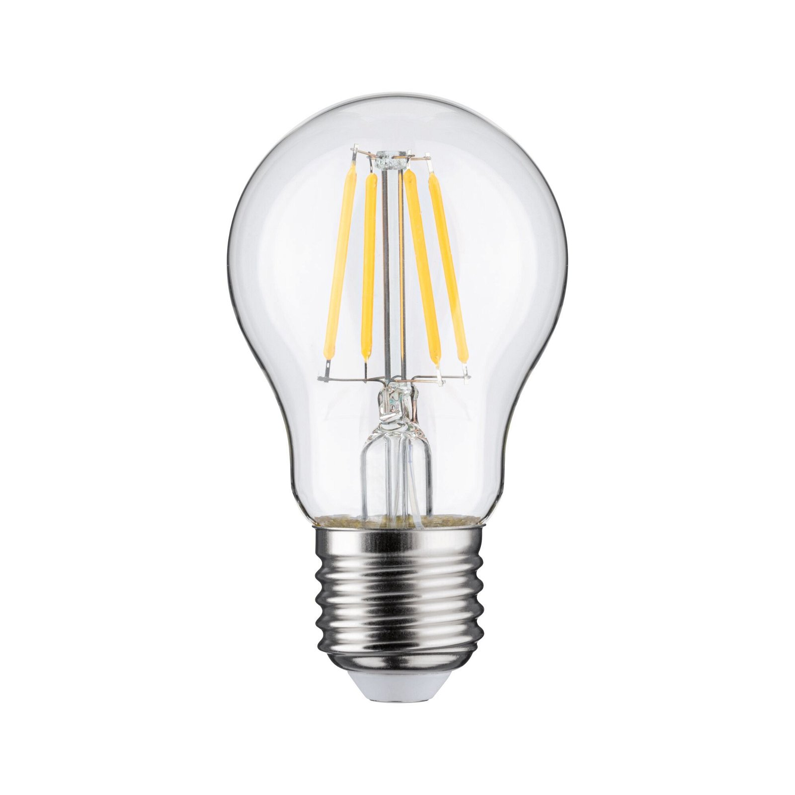 Lampadina trasparente con filamenti gialli e base argentata. Sfondo bianco.