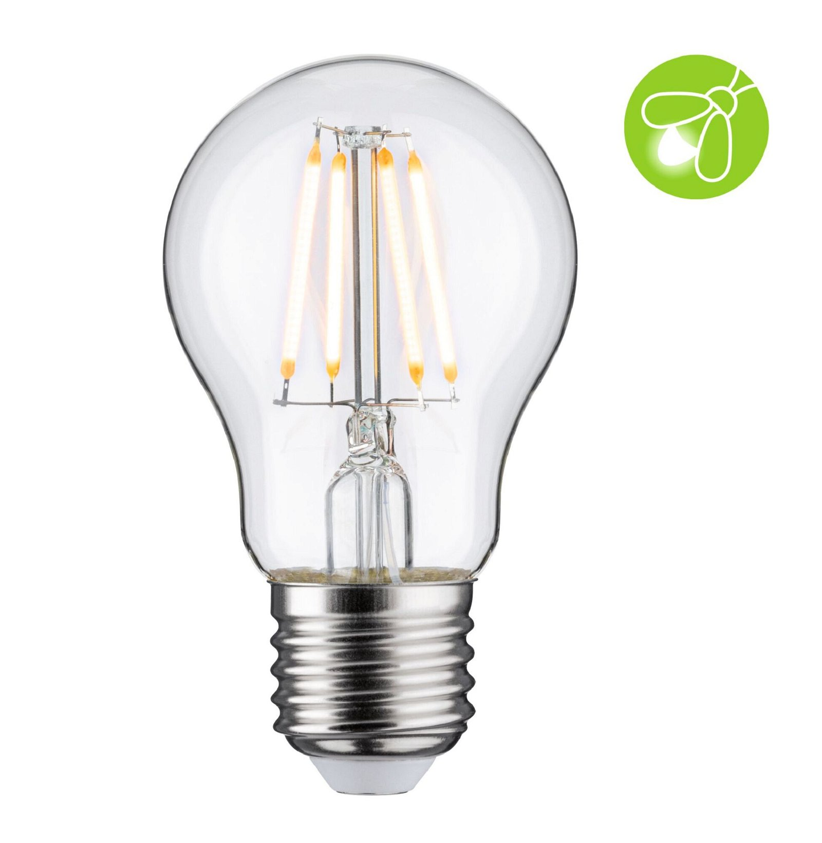 Lampadina trasparente con filamenti, con un'icona di lampadina verde.